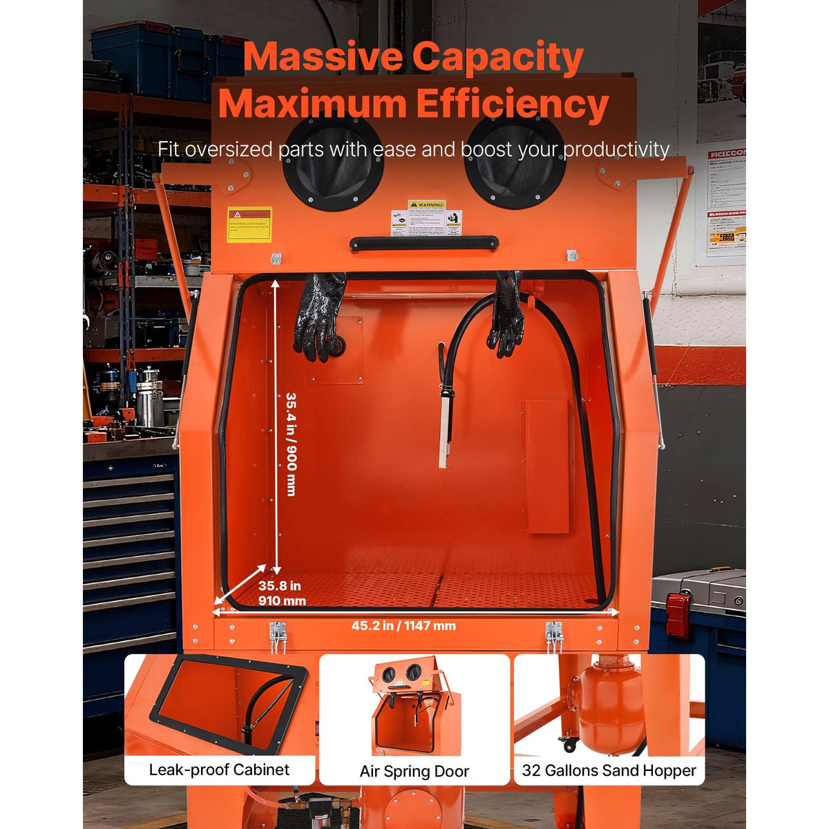 245 Gallon Sandblasting Cabinet with Pressurized Tank, Heavy Duty Steel Sand Blasting Cabinet on Wheels - with 32 Gallon Media Hopper & 1.6HP Dust Collector for Oversized Parts Surface Finishing