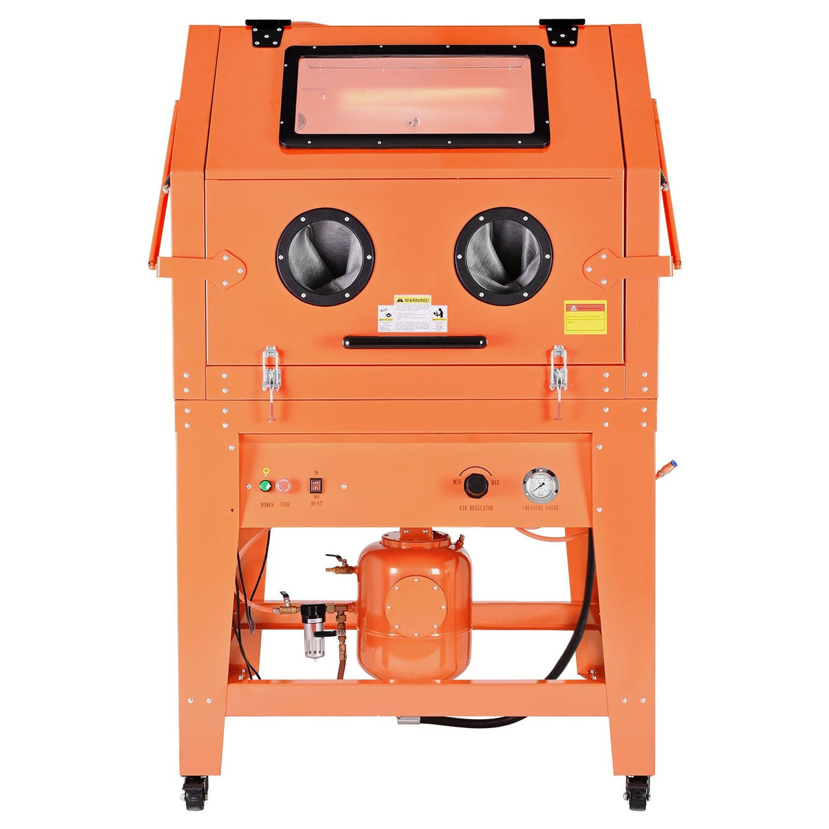 245 Gallon Sandblasting Cabinet with Pressurized Tank, Heavy Duty Steel Sand Blasting Cabinet on Wheels - with 32 Gallon Media Hopper & 1.6HP Dust Collector for Oversized Parts Surface Finishing