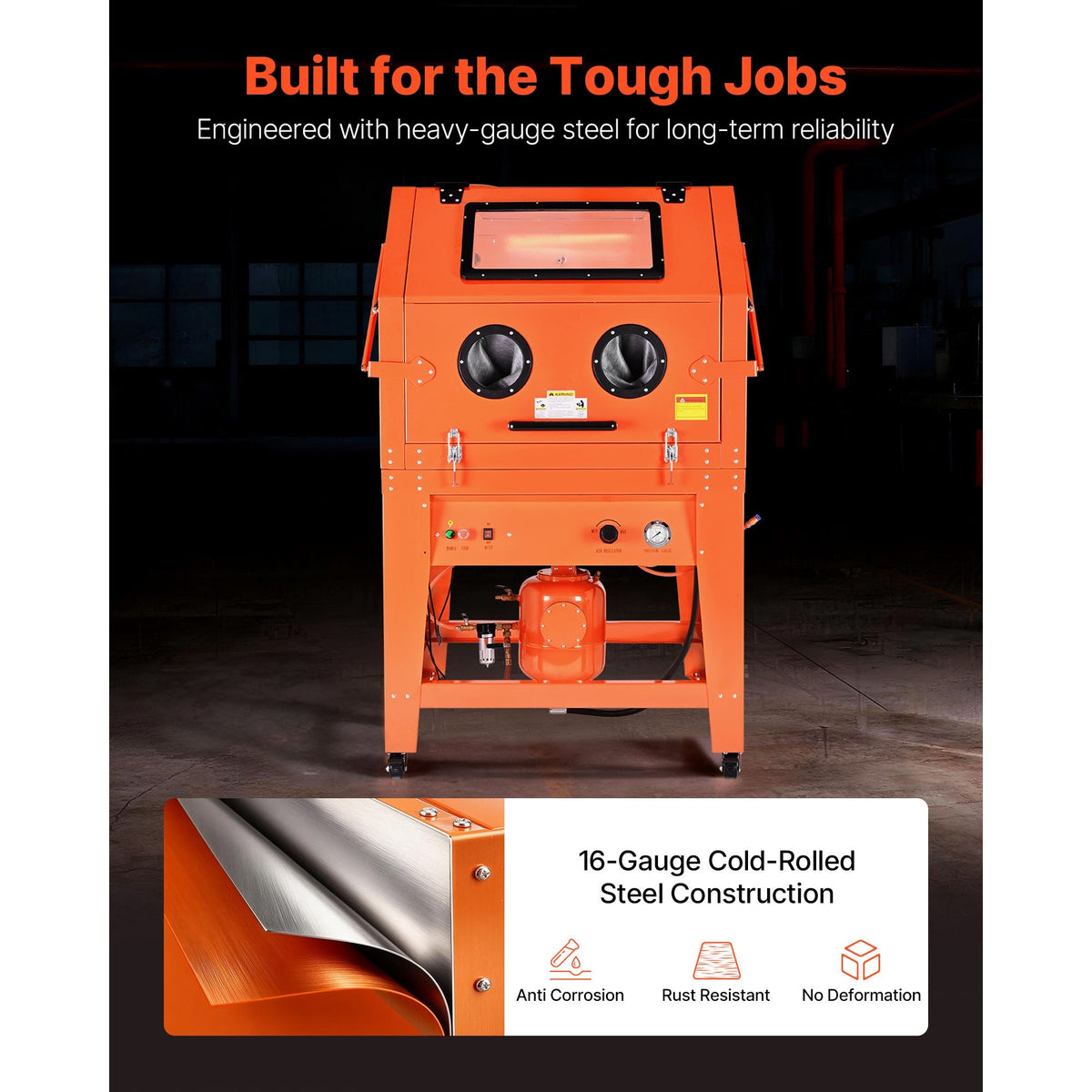 245 Gallon Sandblasting Cabinet with Pressurized Tank, Heavy Duty Steel Sand Blasting Cabinet on Wheels - with 32 Gallon Media Hopper & 1.6HP Dust Collector for Oversized Parts Surface Finishing