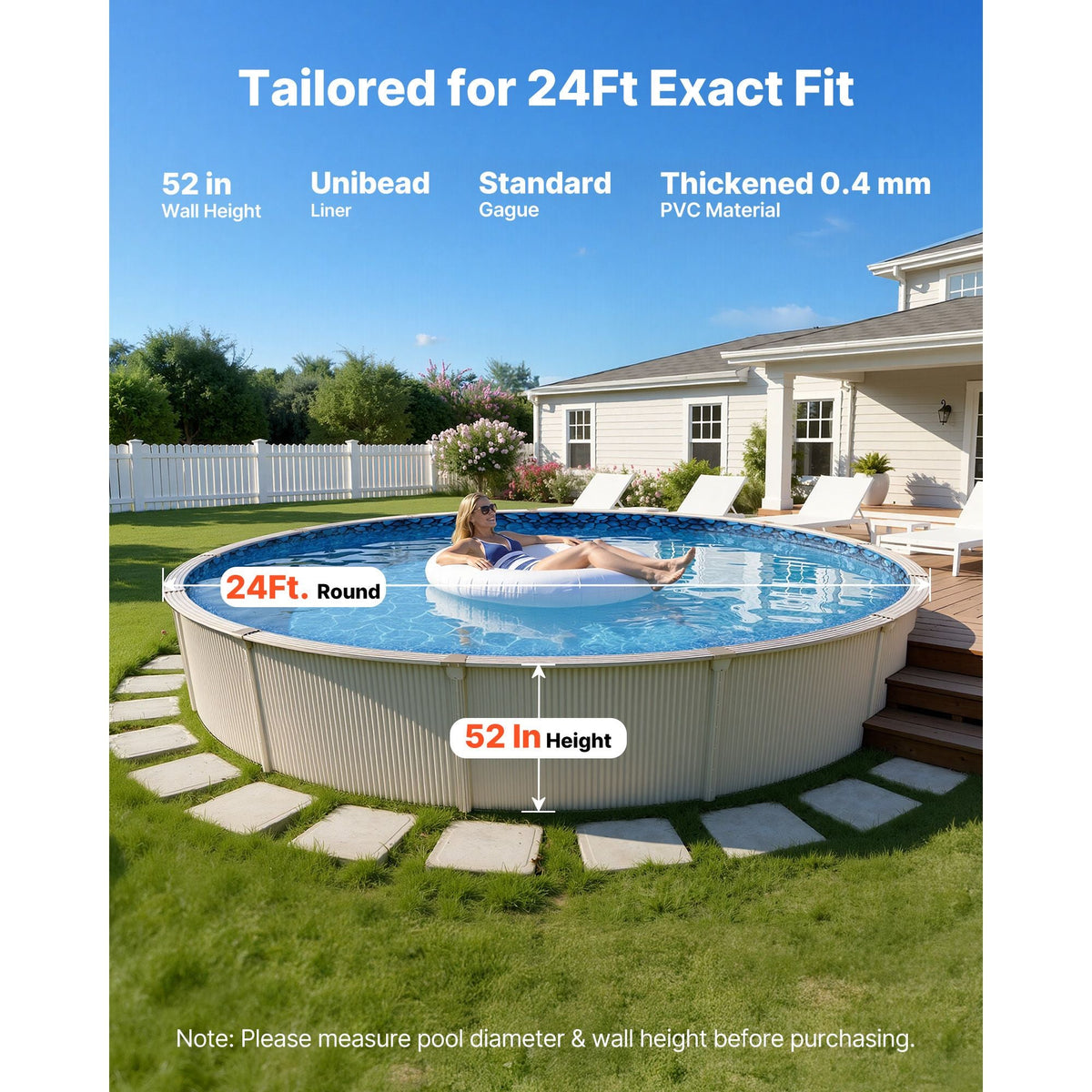 24ft Pool Liner, Round UniBead Swimming Pool Liner for 52 in Wall Height, Premium Vinyl, Easy Install with Leak-Proof Patches, Designed for Steel Sided Above-Ground,Outdoor, Boulder Swirl