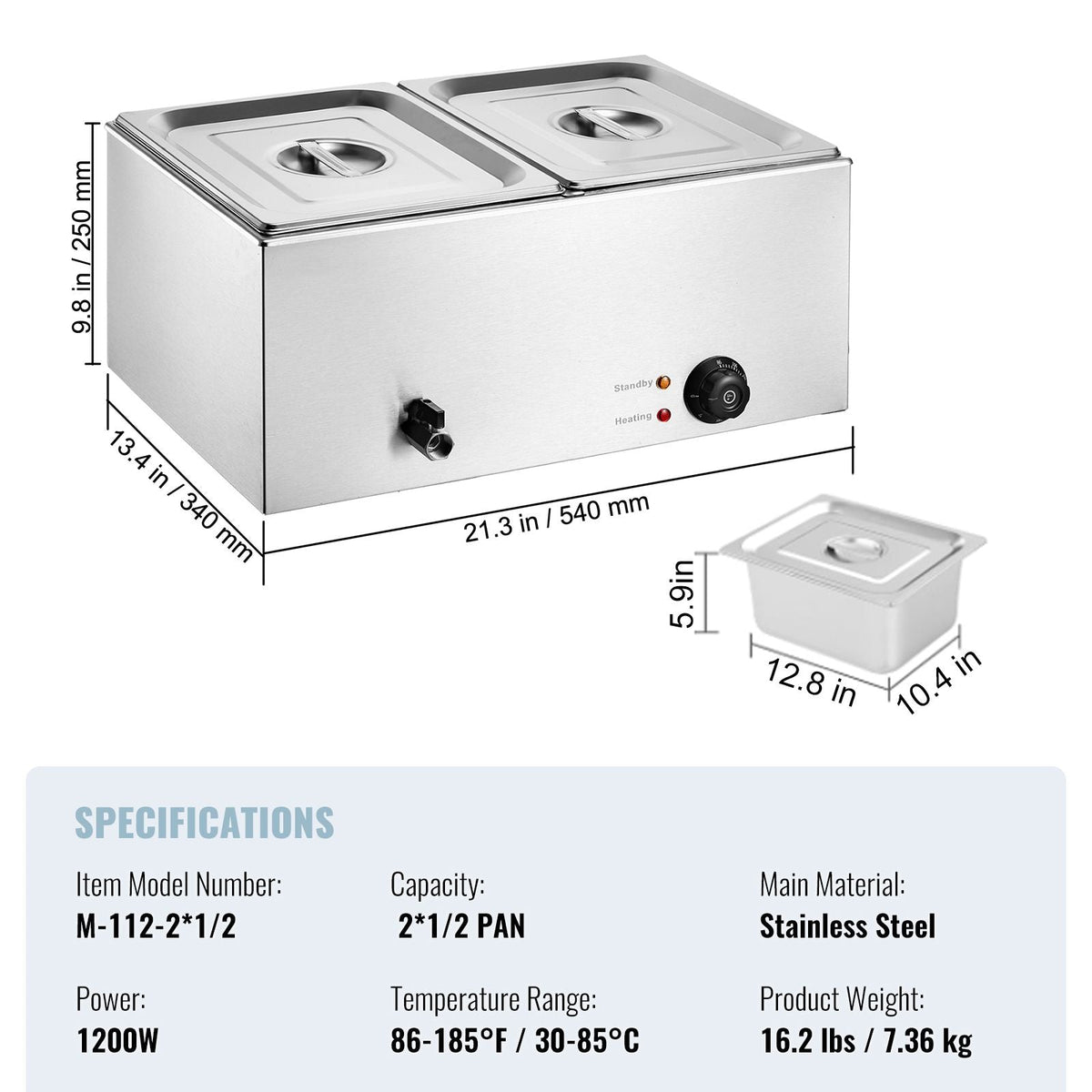 24QT Commercial Food Warmer, 2-Pan Electric Steam Table, 1200W Professional Countertop Stainless Steel Buffet Bain Marie with 86-185 Fahrenheit Temp Control