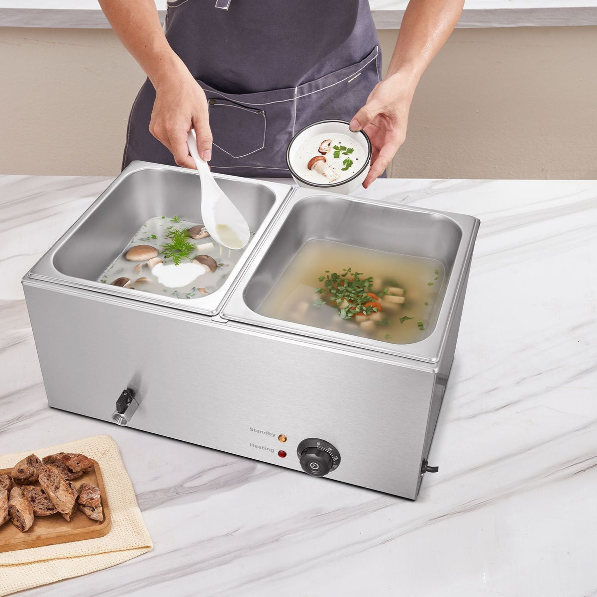 24QT Commercial Food Warmer, 2-Pan Electric Steam Table, 1200W Professional Countertop Stainless Steel Buffet Bain Marie with 86-185 Fahrenheit Temp Control