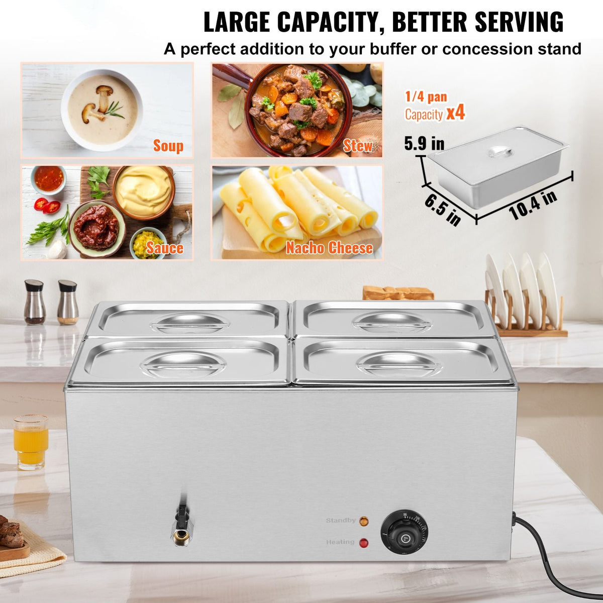 24QT Commercial Food Warmer, 4-Pan Electric Steam Table, 1200W Professional Countertop Stainless Steel Buffet Bain Marie with 86-185 Fahrenheit Temp Control