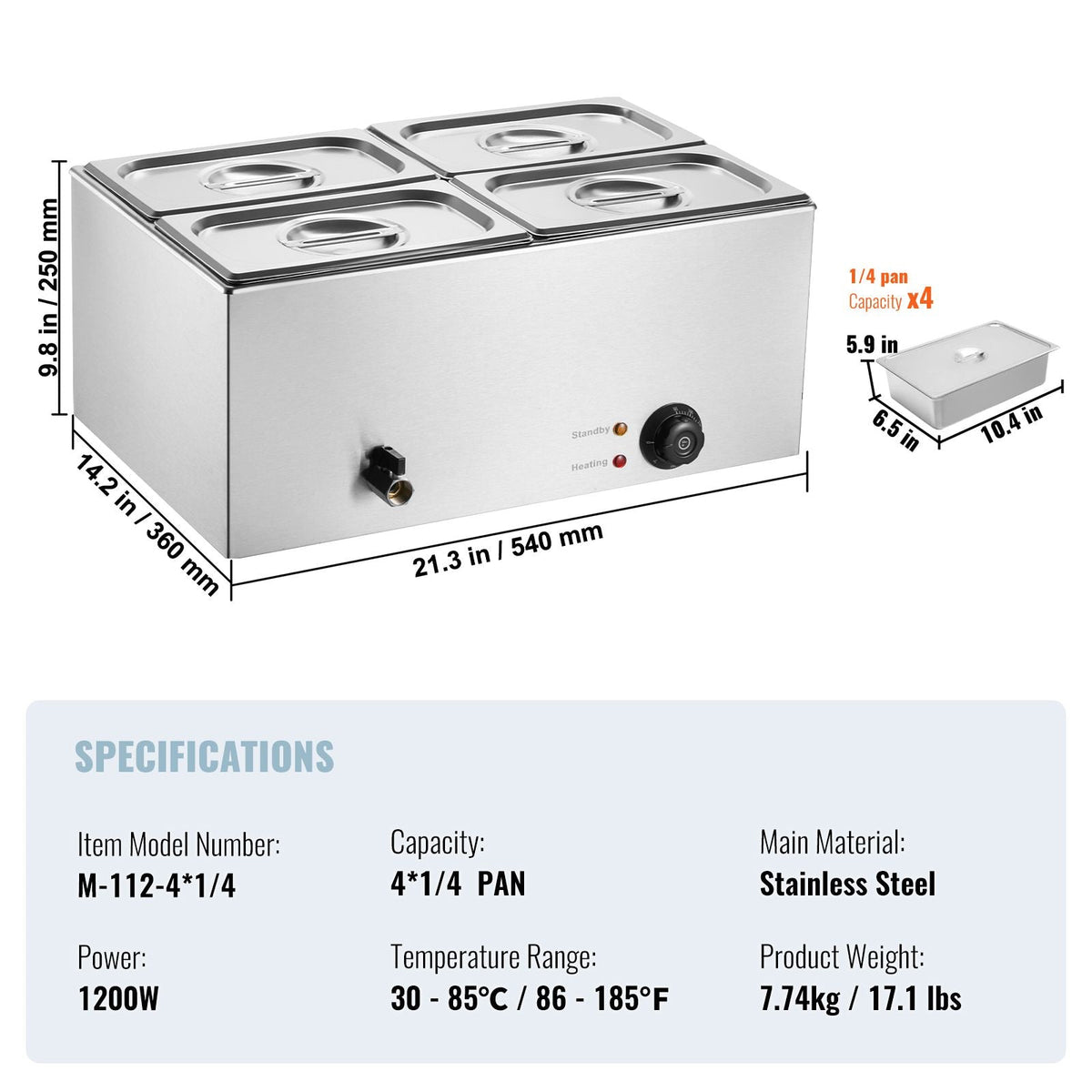 24QT Commercial Food Warmer, 4-Pan Electric Steam Table, 1200W Professional Countertop Stainless Steel Buffet Bain Marie with 86-185 Fahrenheit Temp Control