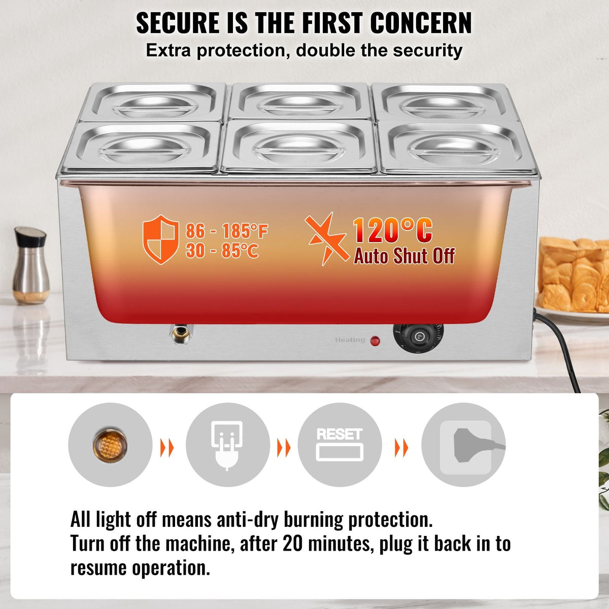 24QT Commercial Food Warmer, 6-Pan Electric Steam Table, 1200W Professional Countertop Stainless Steel Buffet Bain Marie with 86-185 F Temp Control for Catering, Buffet, Parties, Restaurants
