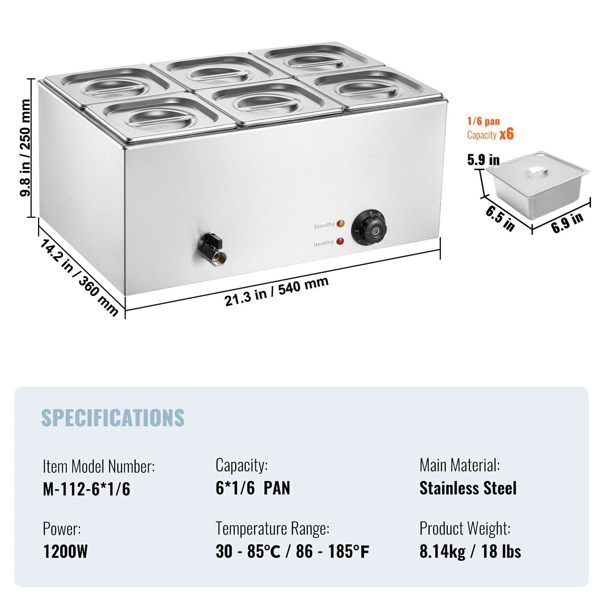 24QT Commercial Food Warmer, 6-Pan Electric Steam Table, 1200W Professional Countertop Stainless Steel Buffet Bain Marie with 86-185 F Temp Control for Catering, Buffet, Parties, Restaurants