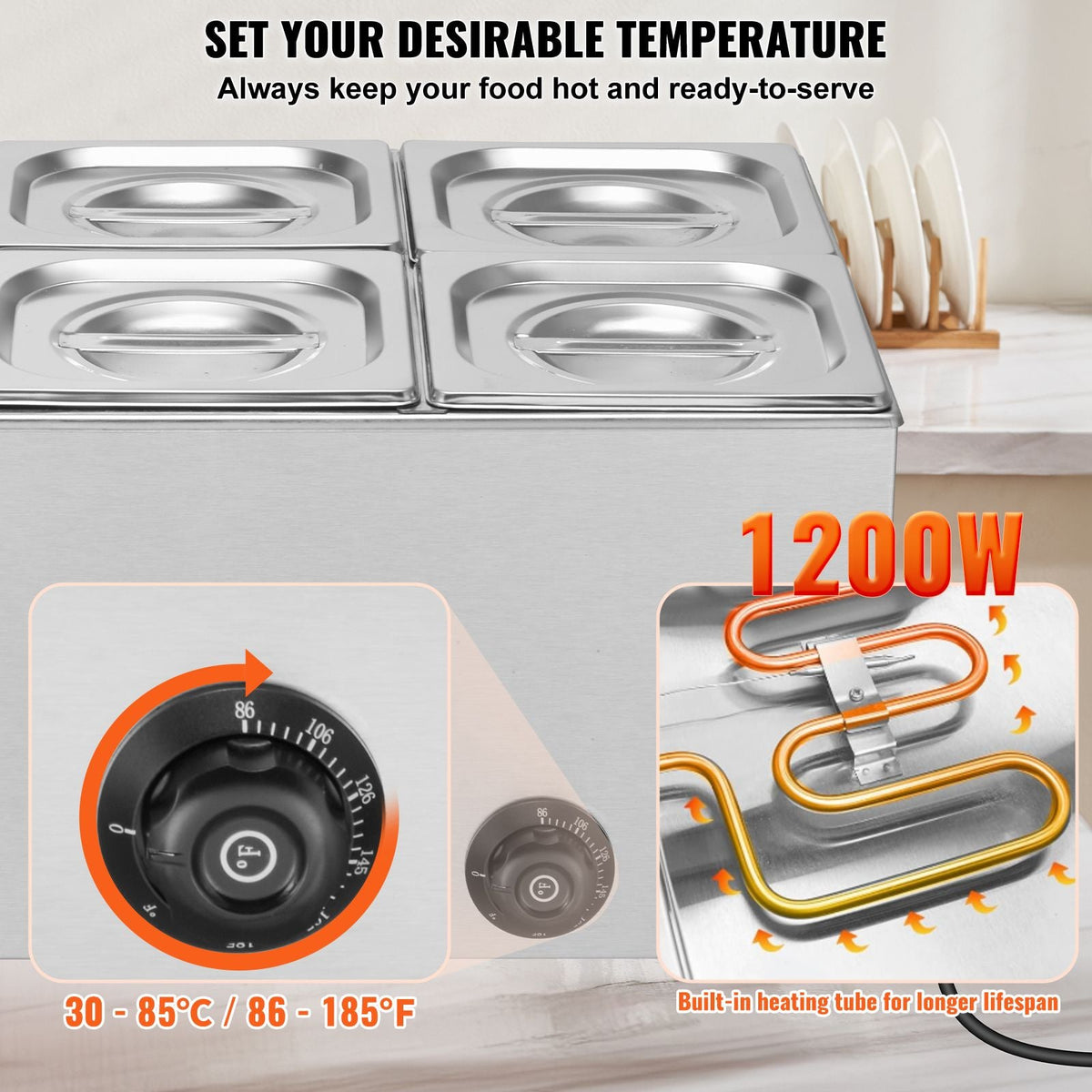 24QT Commercial Food Warmer, 6-Pan Electric Steam Table, 1200W Professional Countertop Stainless Steel Buffet Bain Marie with 86-185 F Temp Control for Catering, Buffet, Parties, Restaurants