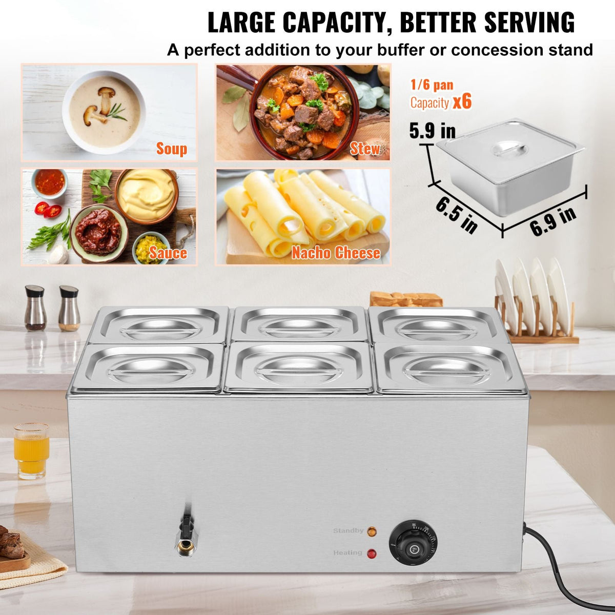 24QT Commercial Food Warmer, 6-Pan Electric Steam Table, 1200W Professional Countertop Stainless Steel Buffet Bain Marie with 86-185 F Temp Control for Catering, Buffet, Parties, Restaurants