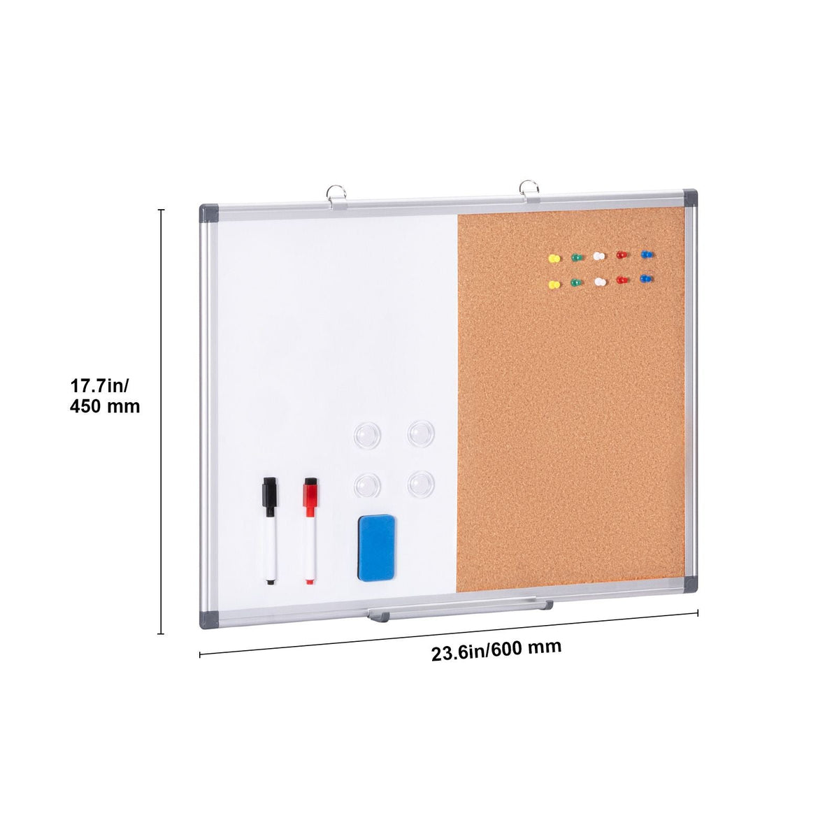 24"x18" Whiteboard & Cork Board Combo with Aluminum Frame – 2-in-1 Magnetic Dry Erase Bulletin Board for Wall Mount – Ideal for School, Home, Office