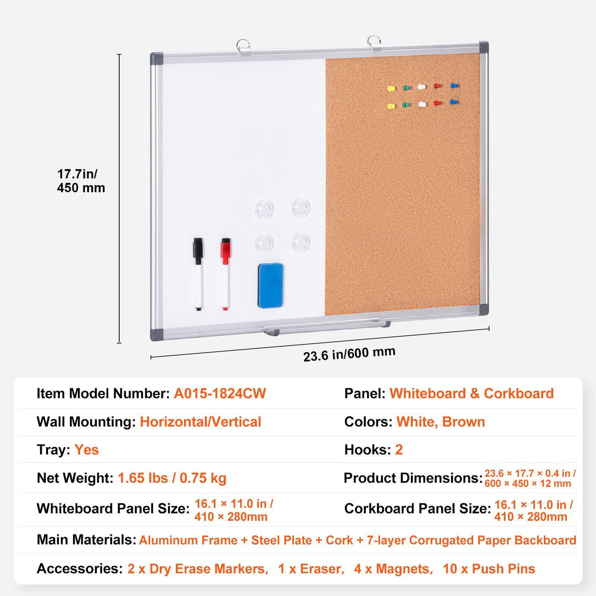 24"x18" Whiteboard & Cork Board Combo with Aluminum Frame – 2-in-1 Magnetic Dry Erase Bulletin Board for Wall Mount – Ideal for School, Home, Office