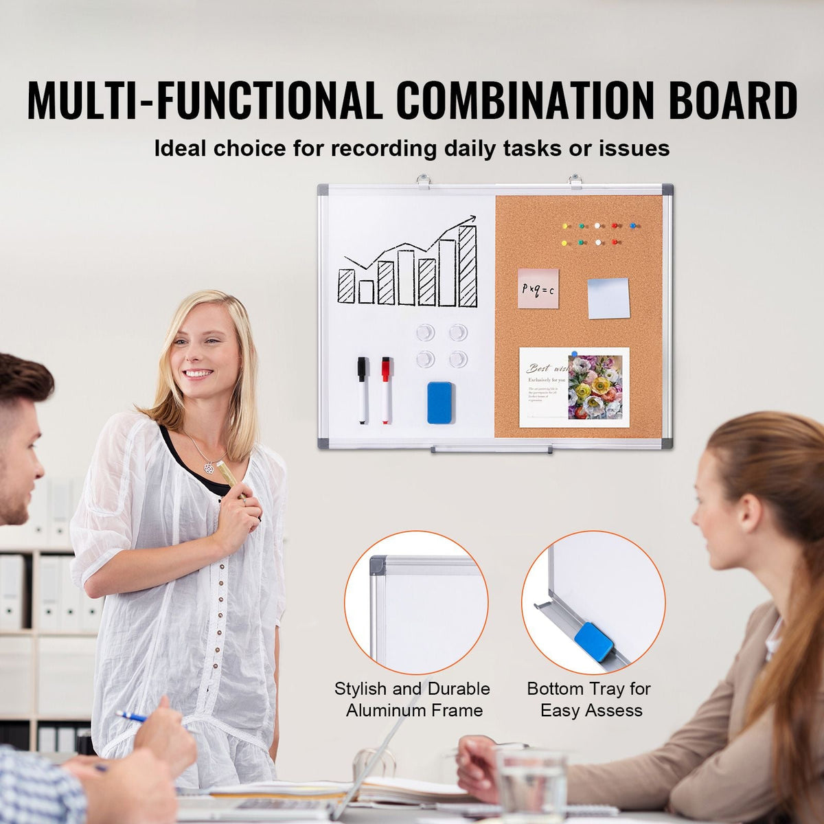 24"x18" Whiteboard & Cork Board Combo with Aluminum Frame – 2-in-1 Magnetic Dry Erase Bulletin Board for Wall Mount – Ideal for School, Home, Office