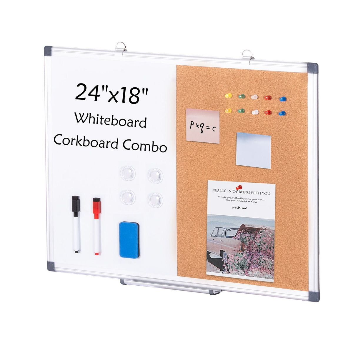 24"x18" Whiteboard & Cork Board Combo with Aluminum Frame – 2-in-1 Magnetic Dry Erase Bulletin Board for Wall Mount – Ideal for School, Home, Office