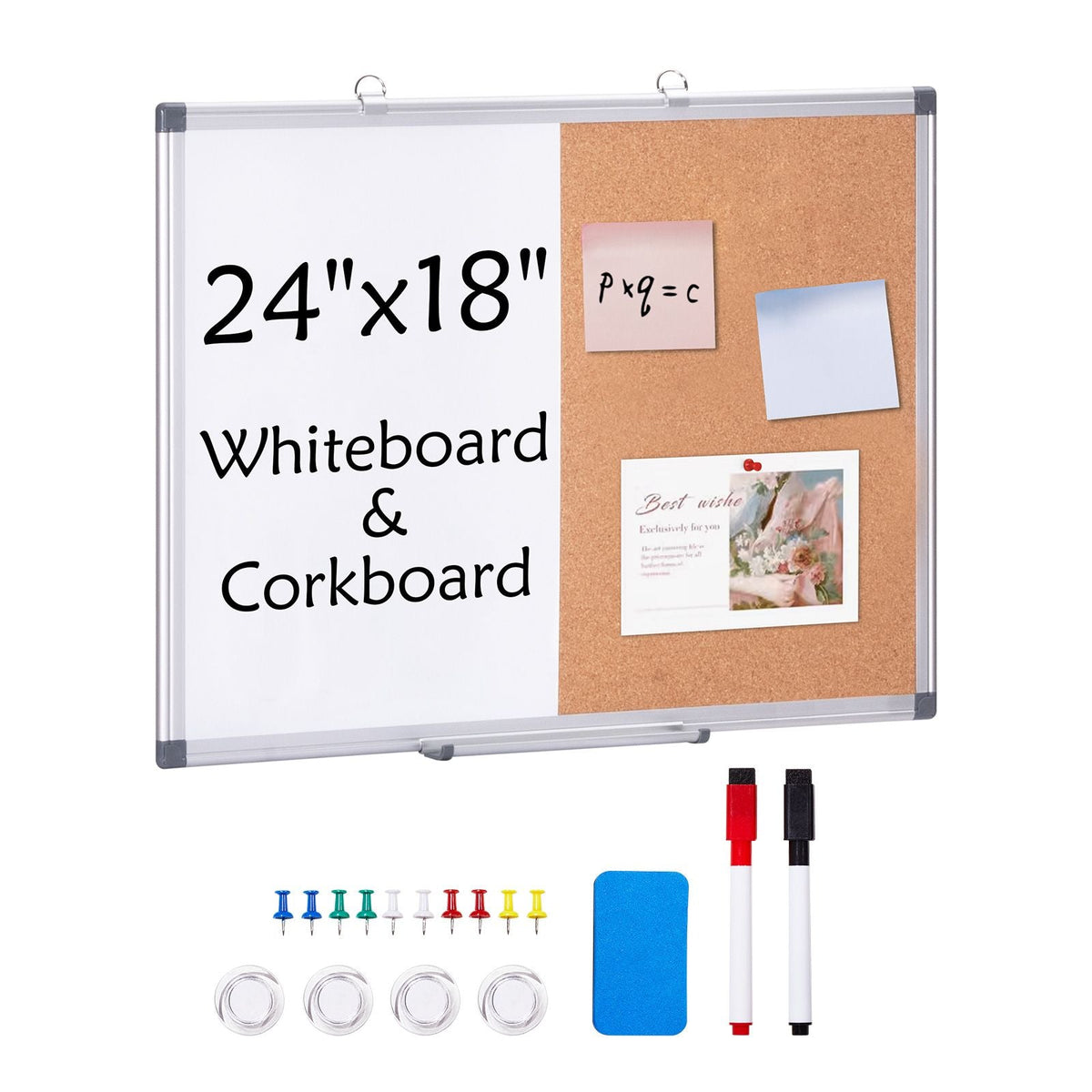 24"x18" Whiteboard & Cork Board Combo with Aluminum Frame – 2-in-1 Magnetic Dry Erase Bulletin Board for Wall Mount – Ideal for School, Home, Office