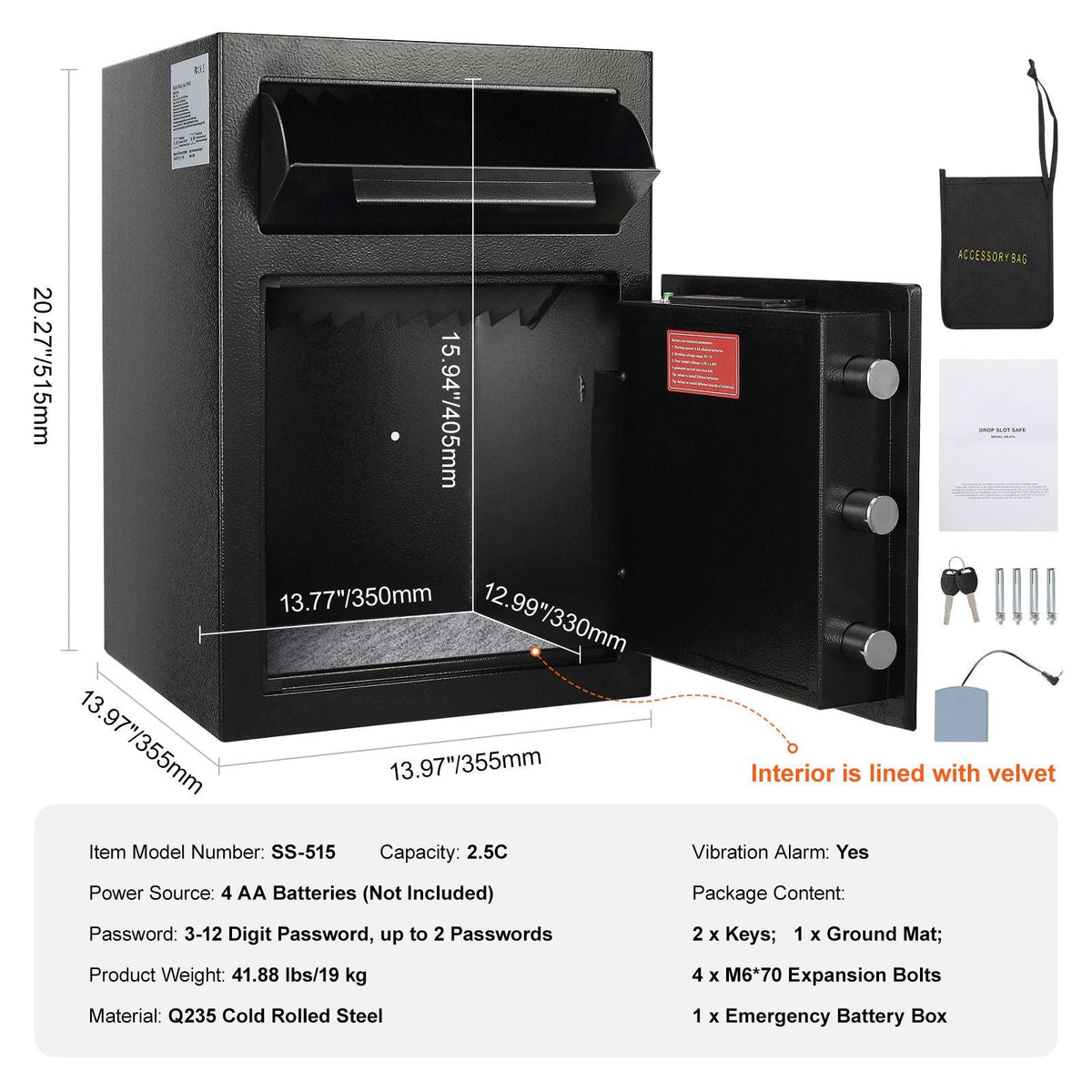 2.5 Cub Depository Safe, Deposit Safe with Drop Slot, Electronic Code Lock and 2 Emergency Keys, 20.27'' x 13.97'' x 13.97'' Business Drop Slot Safe for Cash, Mail in Home, Hotel, Office