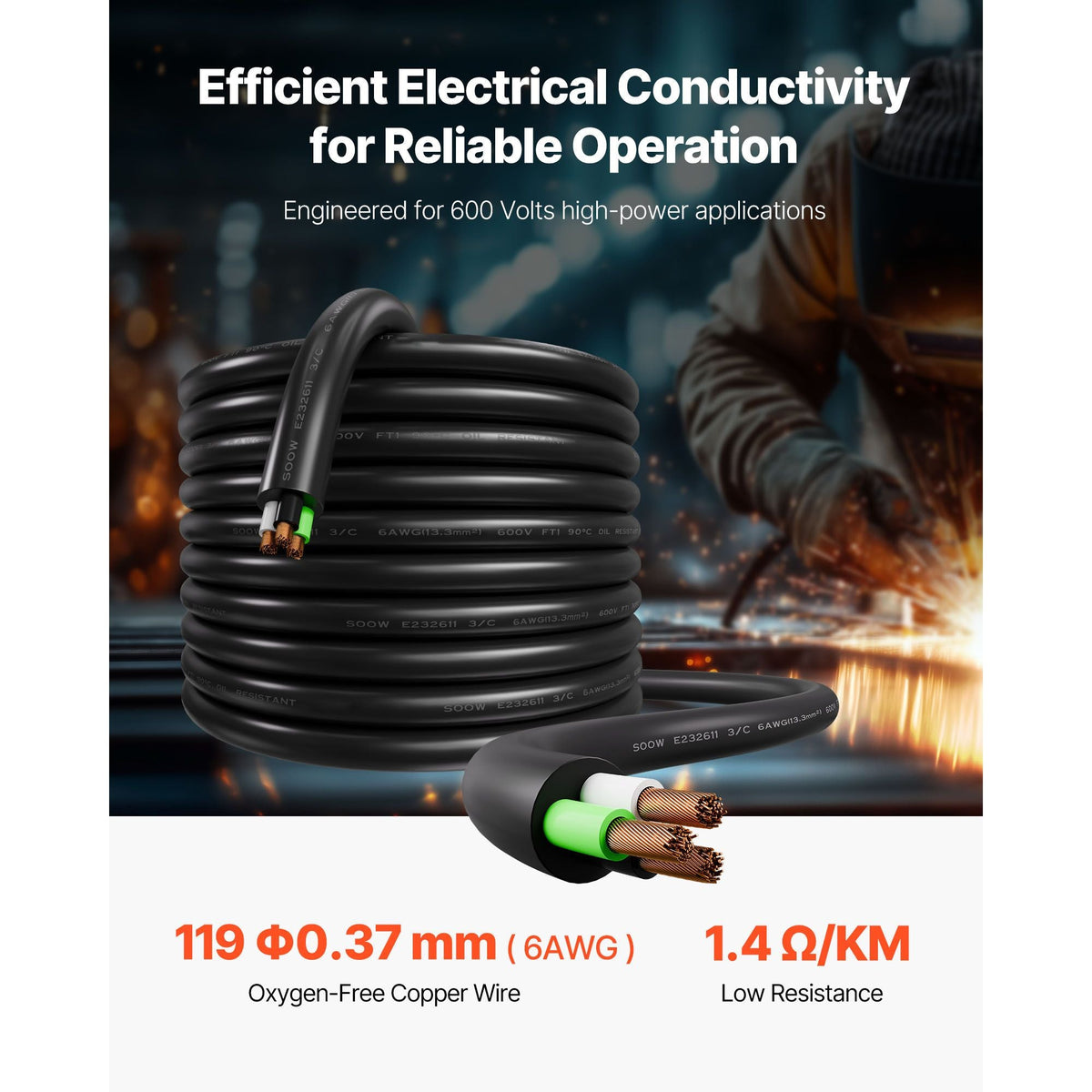 25 FT 6AWG Portable Power Cable (3 Conductor), Heavy Duty 600V SOOW Electrical Power Cable, Industrial Grade Electric Wire, Premium CPE Rubber Jacket, Copper Extension Cord for Welder Machine