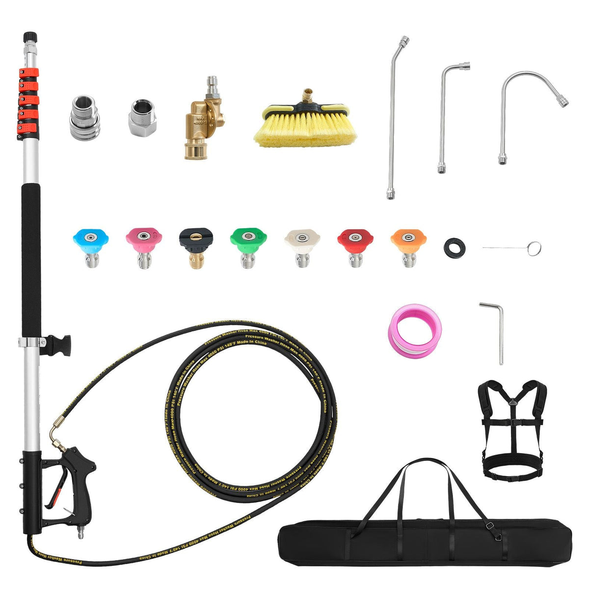 25 FT Pressure Washer Telescoping Wand, with Power Washer Extension Wands & High Pressure Hose, Brush Head, 7 Nozzles, Hose Adapter, Upgrade Support Belt, Storage Bag, 4000 PSI for High Cleaning