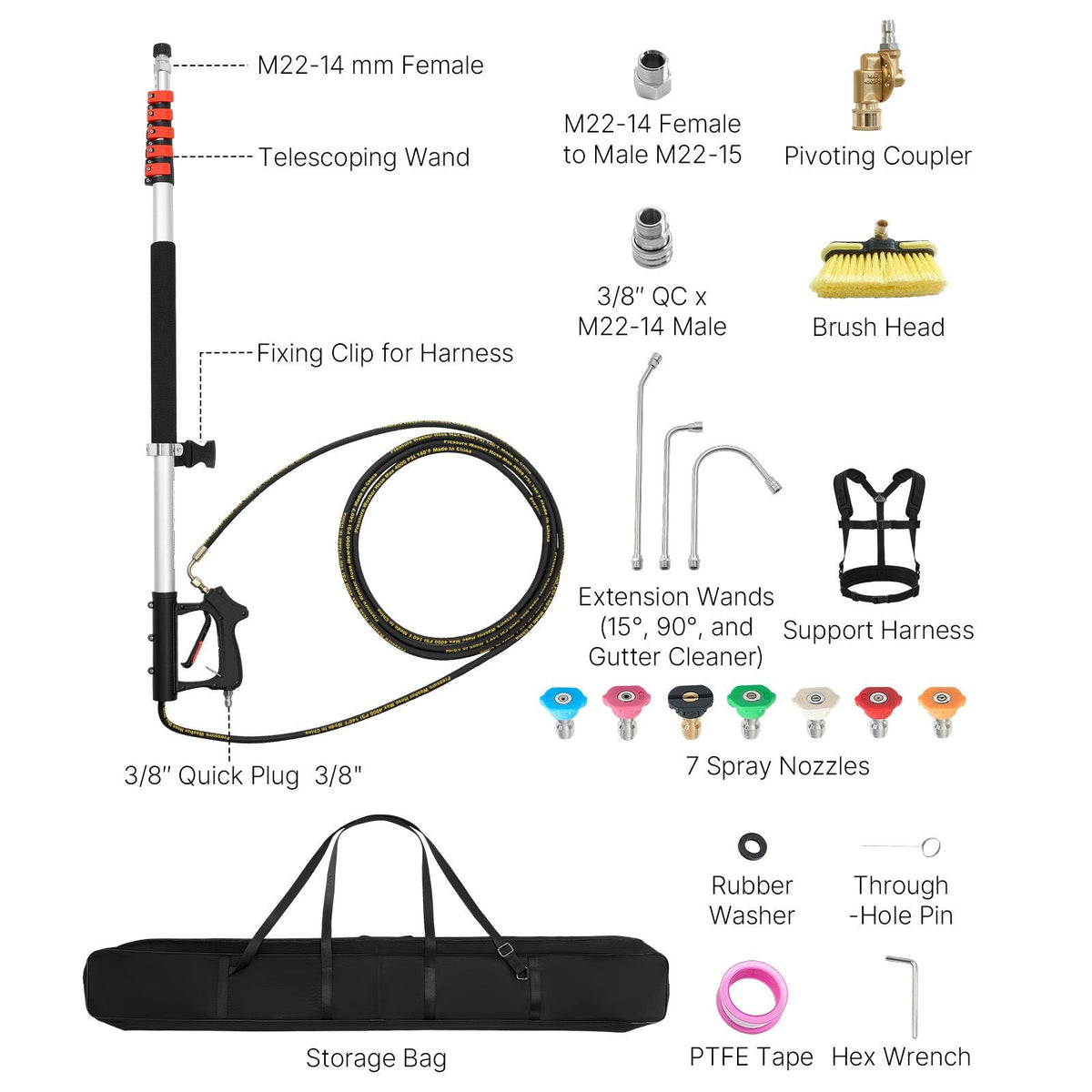 25 FT Pressure Washer Telescoping Wand, with Power Washer Extension Wands & High Pressure Hose, Brush Head, 7 Nozzles, Hose Adapter, Upgrade Support Belt, Storage Bag, 4000 PSI for High Cleaning