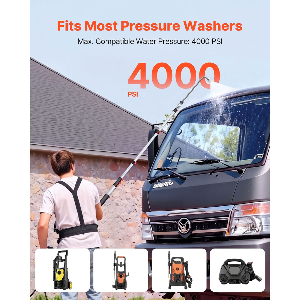 25 FT Pressure Washer Telescoping Wand, with Power Washer Extension Wands & High Pressure Hose, Brush Head, 7 Nozzles, Hose Adapter, Upgrade Support Belt, Storage Bag, 4000 PSI for High Cleaning
