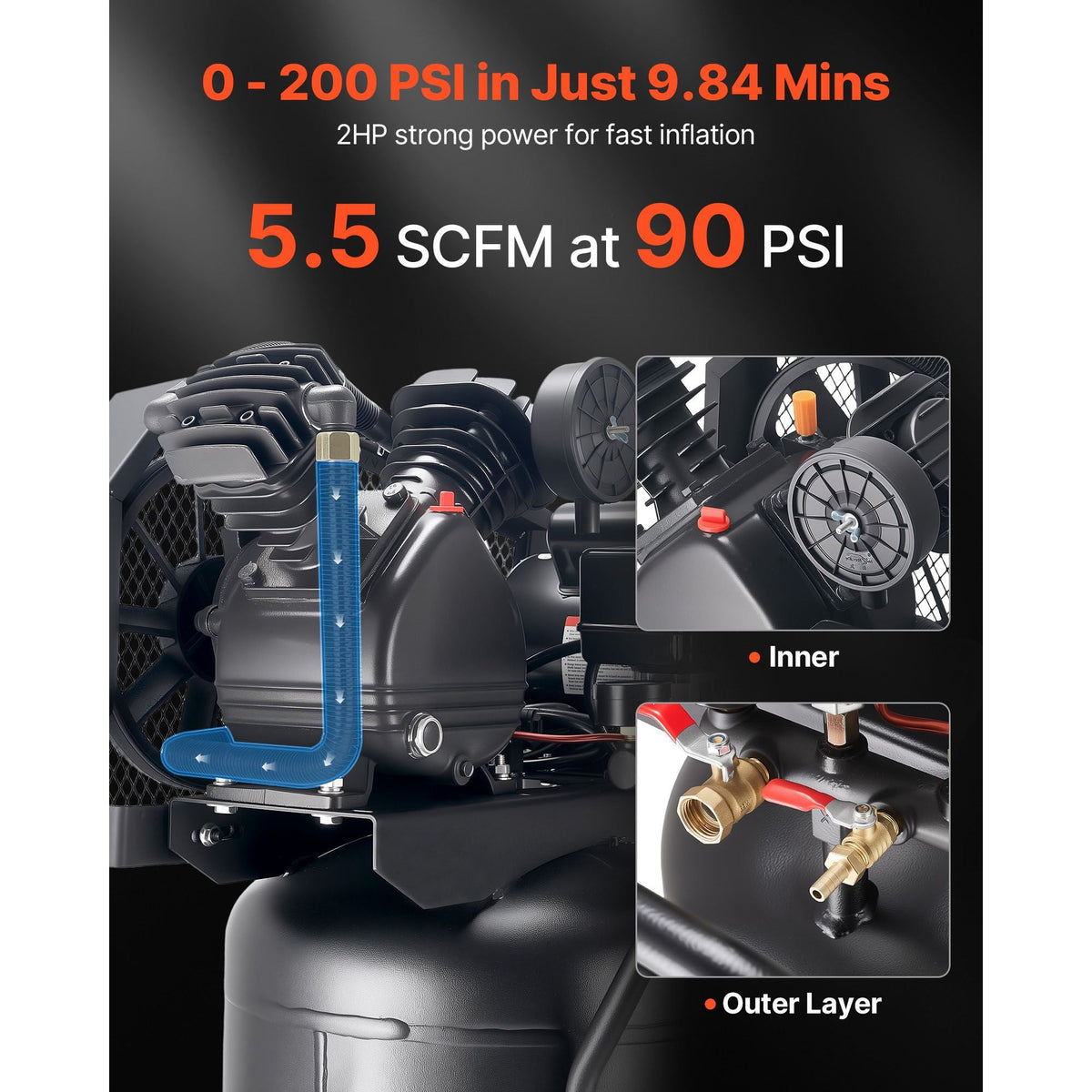 25-Gallon Air Compressor, 2HP 5.5 SCFM at 90PSI, Max 200PSI Pressure Oil-Lubricated Air Compressor Tank, Portable on Wheels for Auto Repair, Spray Painting, Woodwork Nailing, 120V