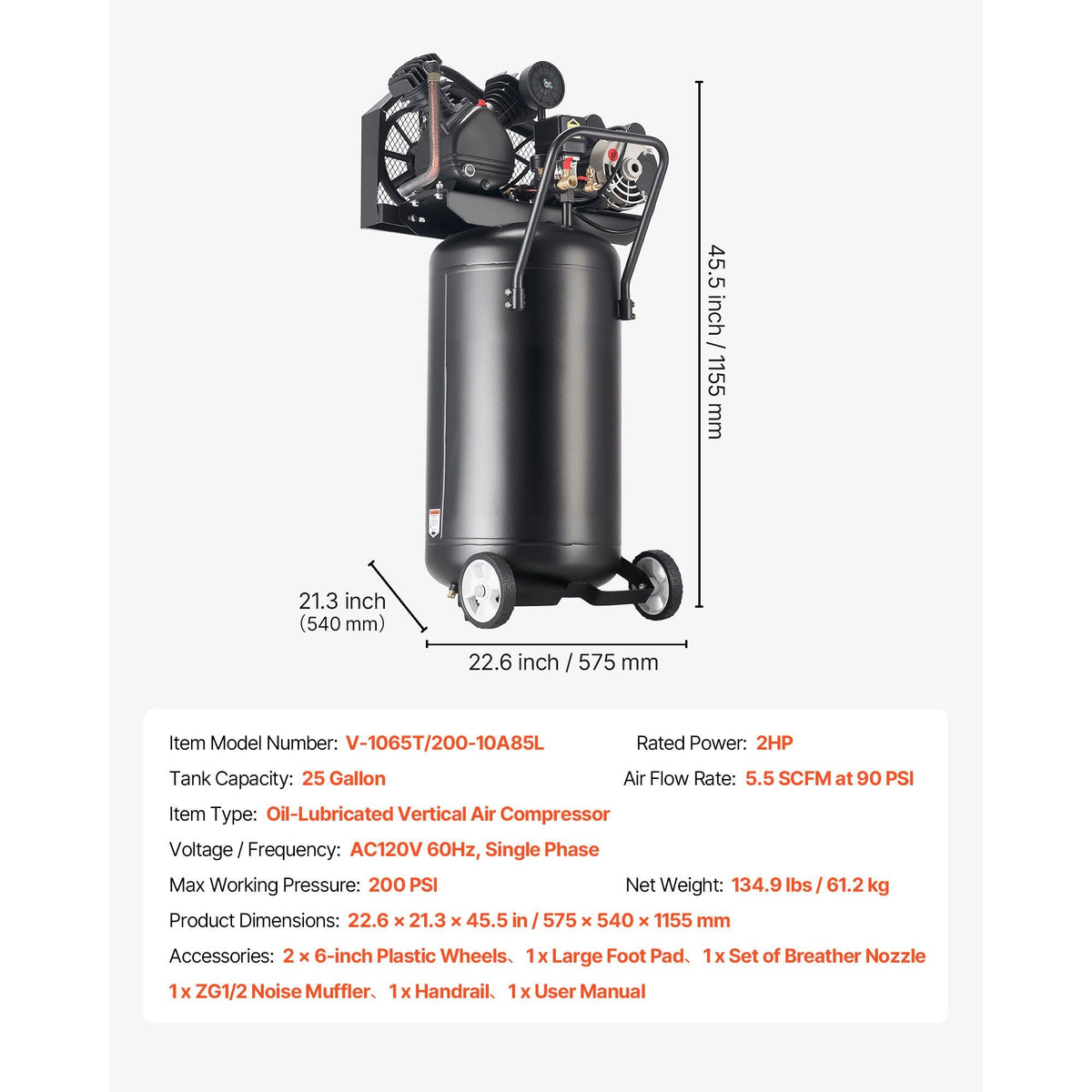 25-Gallon Air Compressor, 2HP 5.5 SCFM at 90PSI, Max 200PSI Pressure Oil-Lubricated Air Compressor Tank, Portable on Wheels for Auto Repair, Spray Painting, Woodwork Nailing, 120V