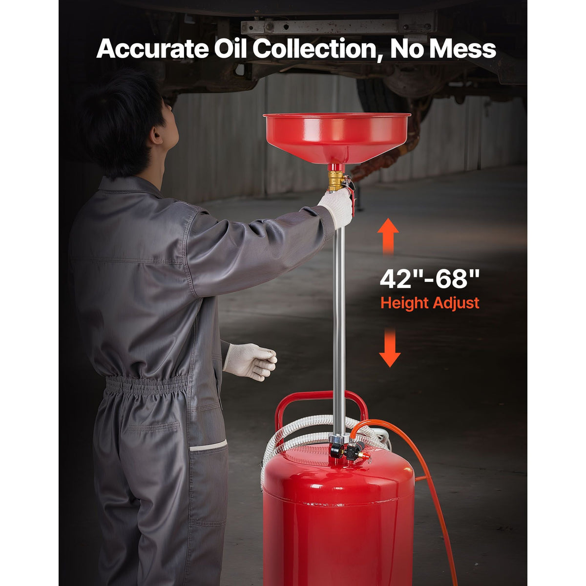 25 Gallon Waste Oil Drain Tank, Air Operated Portable Oil Drainer with Adjustable Funnel Height, Industrial Fluid Drain Tank with Wheels, Fluid Fuel Transfer Drainage for Auto Repair Shops, Red