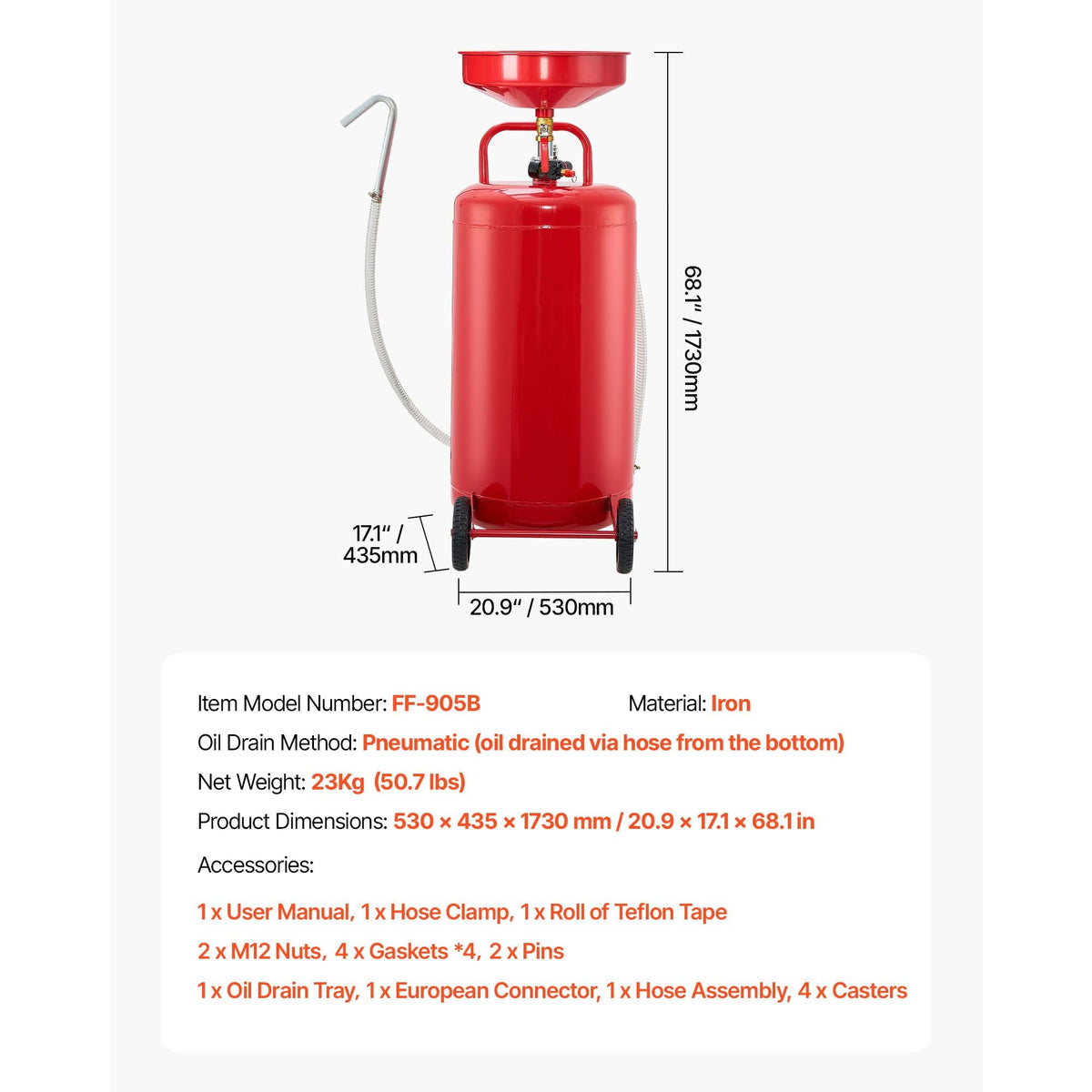 25 Gallon Waste Oil Drain Tank, Air Operated Portable Oil Drainer with Adjustable Funnel Height, Industrial Fluid Drain Tank with Wheels, Fluid Fuel Transfer Drainage for Auto Repair Shops, Red