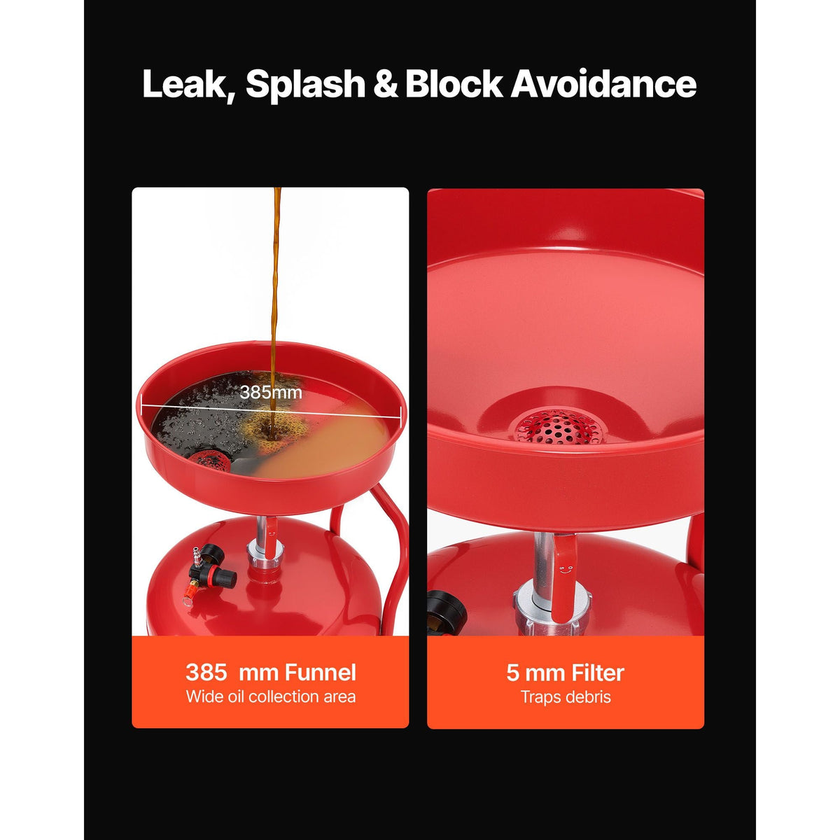 25 Gallon Waste Oil Drain Tank, Air Operated Portable Oil Drainer with Adjustable Funnel Height, Industrial Fluid Drain Tank with Wheels, Fluid Fuel Transfer Drainage for Auto Repair Shops, Red