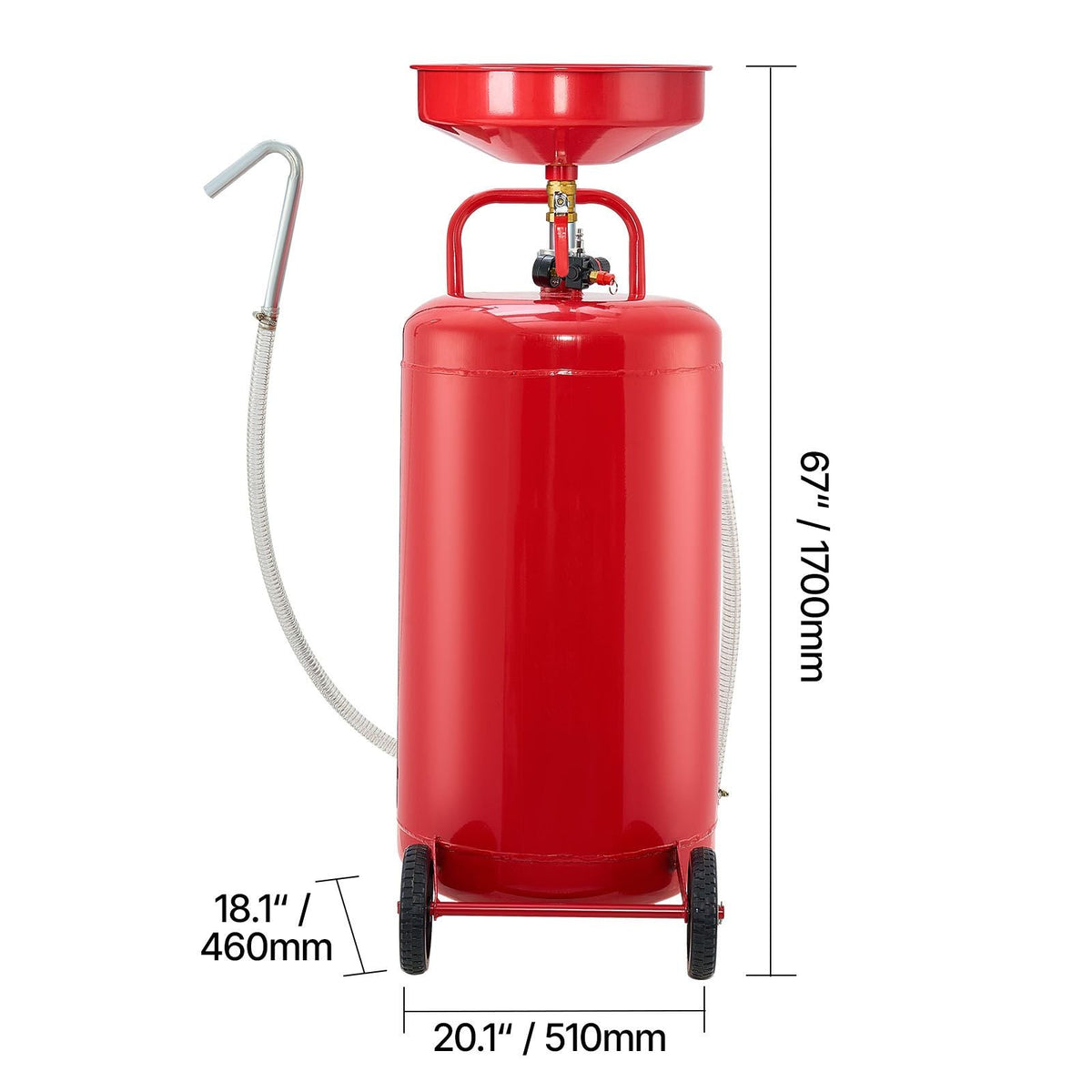 25 Gallon Waste Oil Drain Tank, Air Operated Portable Oil Drainer with Adjustable Funnel Height, Industrial Fluid Drain Tank with Wheels, Fluid Fuel Transfer Drainage for Auto Repair Shops, Red