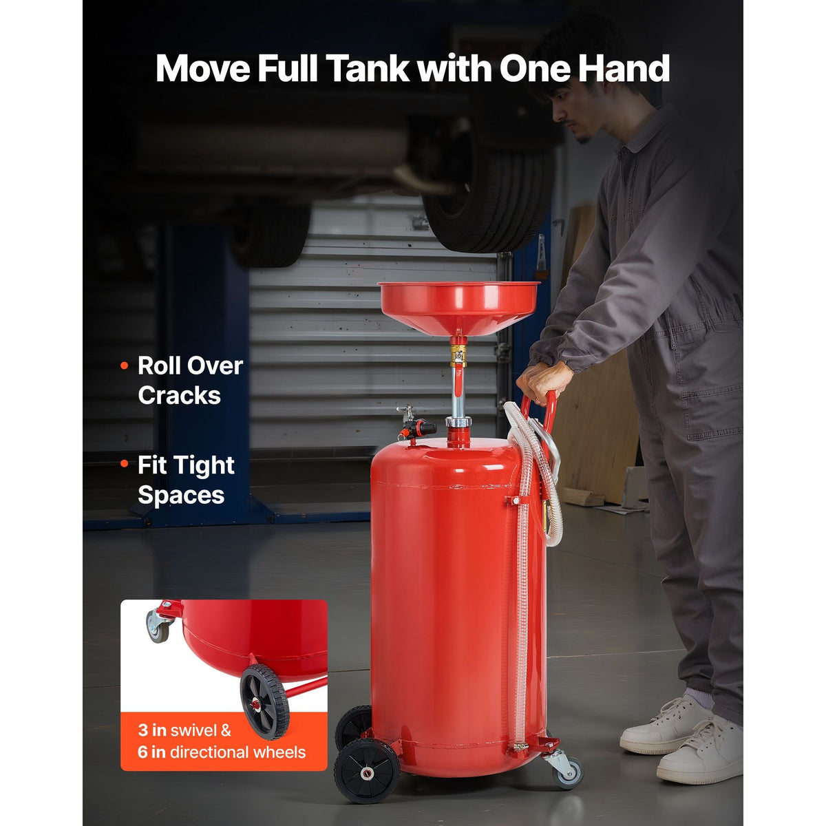 25 Gallon Waste Oil Drain Tank, Air Operated Portable Oil Drainer with Adjustable Funnel Height, Industrial Fluid Drain Tank with Wheels, Fluid Fuel Transfer Drainage for Auto Repair Shops, Red