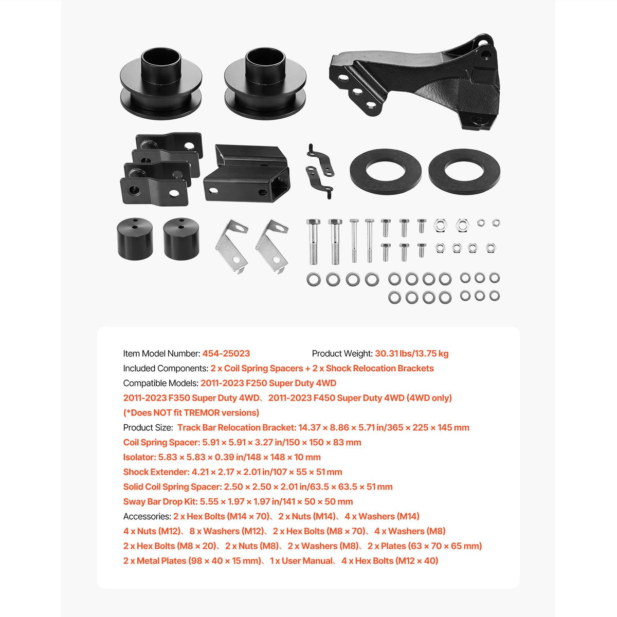 2.5 Inch Front Leveling Lift Kit for 2011-2023 Ford F250 F350 F450 Super Duty 4WD Models, Chassis Level Kit with Track Bar Relocation Bracket, Coil Spring Spacers, Isolators, Shock Extenders