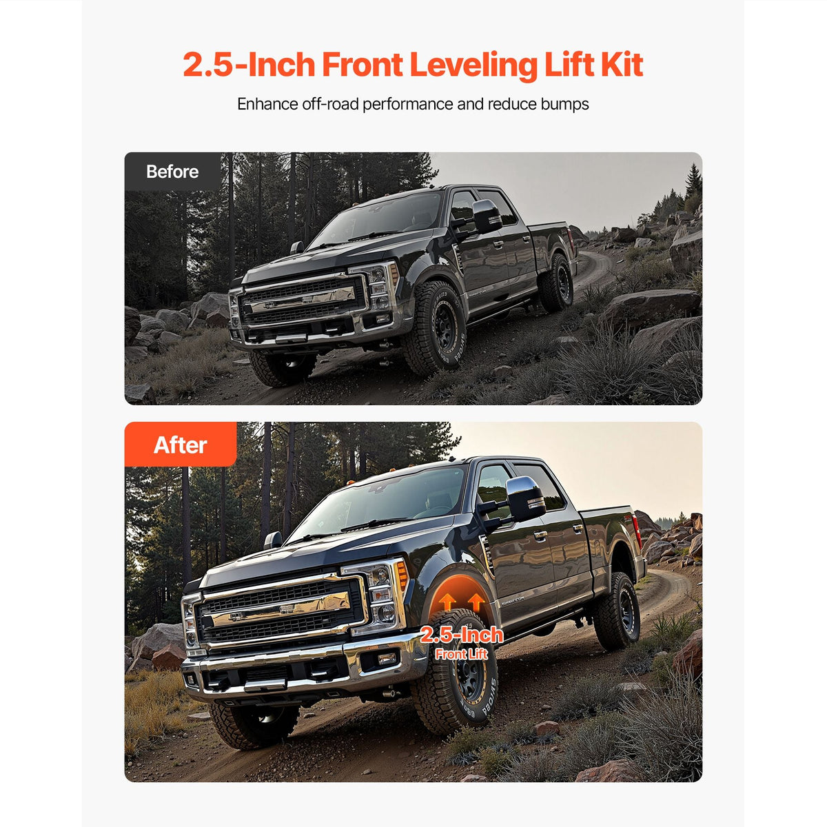 2.5 Inch Front Leveling Lift Kit for 2011-2023 Ford F250 F350 F450 Super Duty 4WD Models, Chassis Level Kit with Track Bar Relocation Bracket, Coil Spring Spacers, Isolators, Shock Extenders