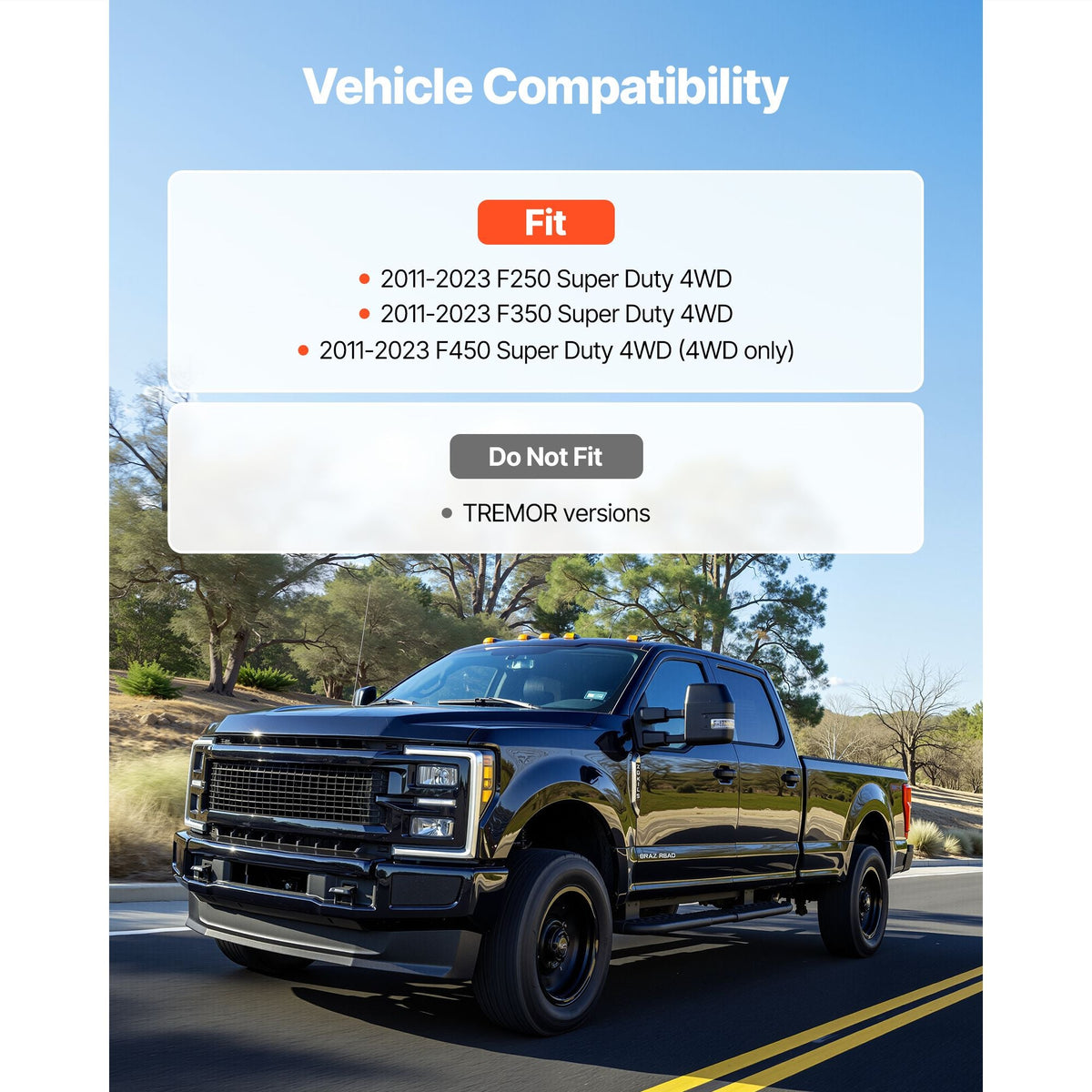 2.5 Inch Front Leveling Lift Kit for 2011-2023 Ford F250 F350 F450 Super Duty 4WD Models, Chassis Level Kit with Track Bar Relocation Bracket, Coil Spring Spacers, Isolators, Shock Extenders