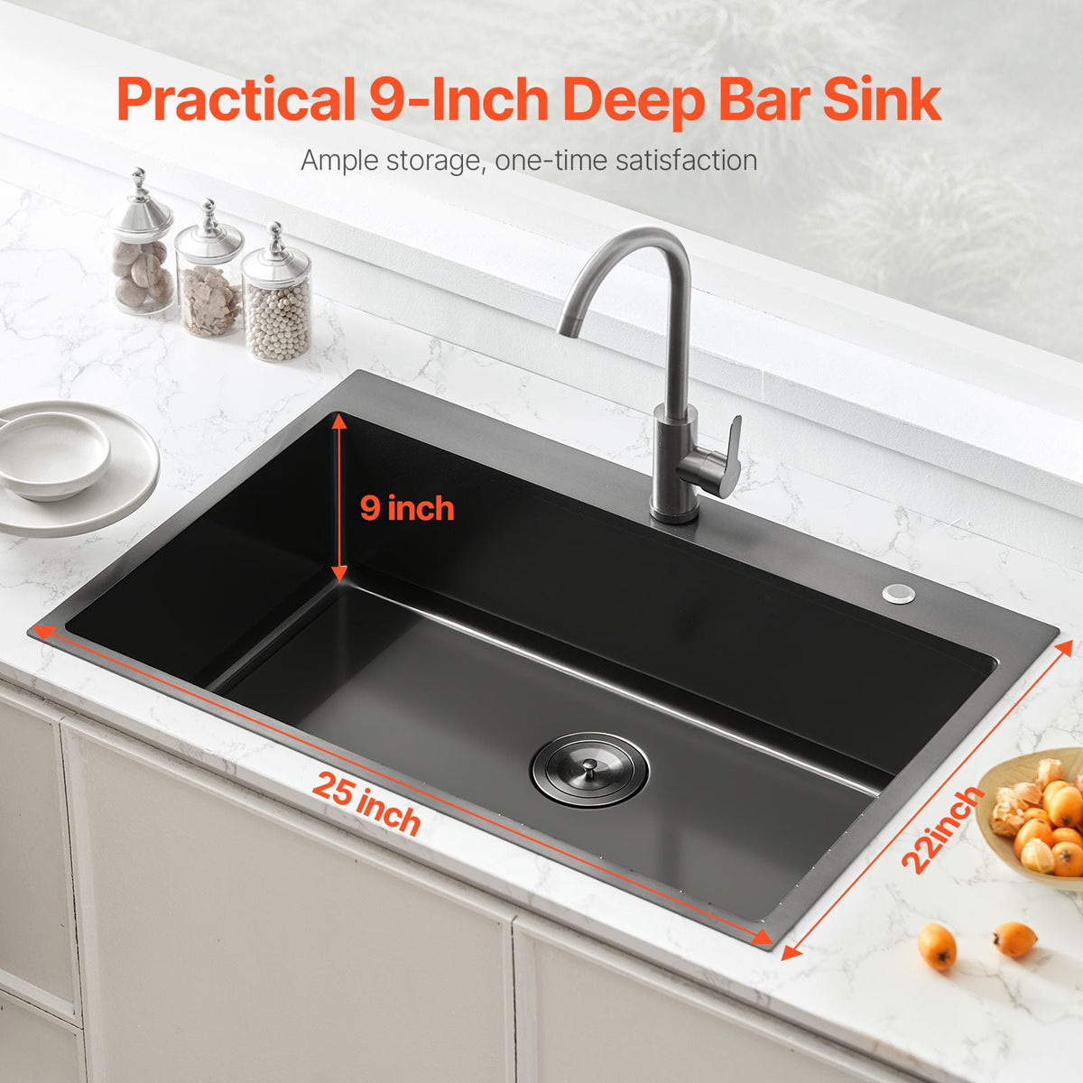 25 inch Kitchen Sink Workstation, 304 Stainless Steel Top Mount Sinks, Drop-In Single Bowl Farmhouse Basin with Accessories, Household Dishwasher Sinks for RV, Prep Kitchen, and Bar (Black)