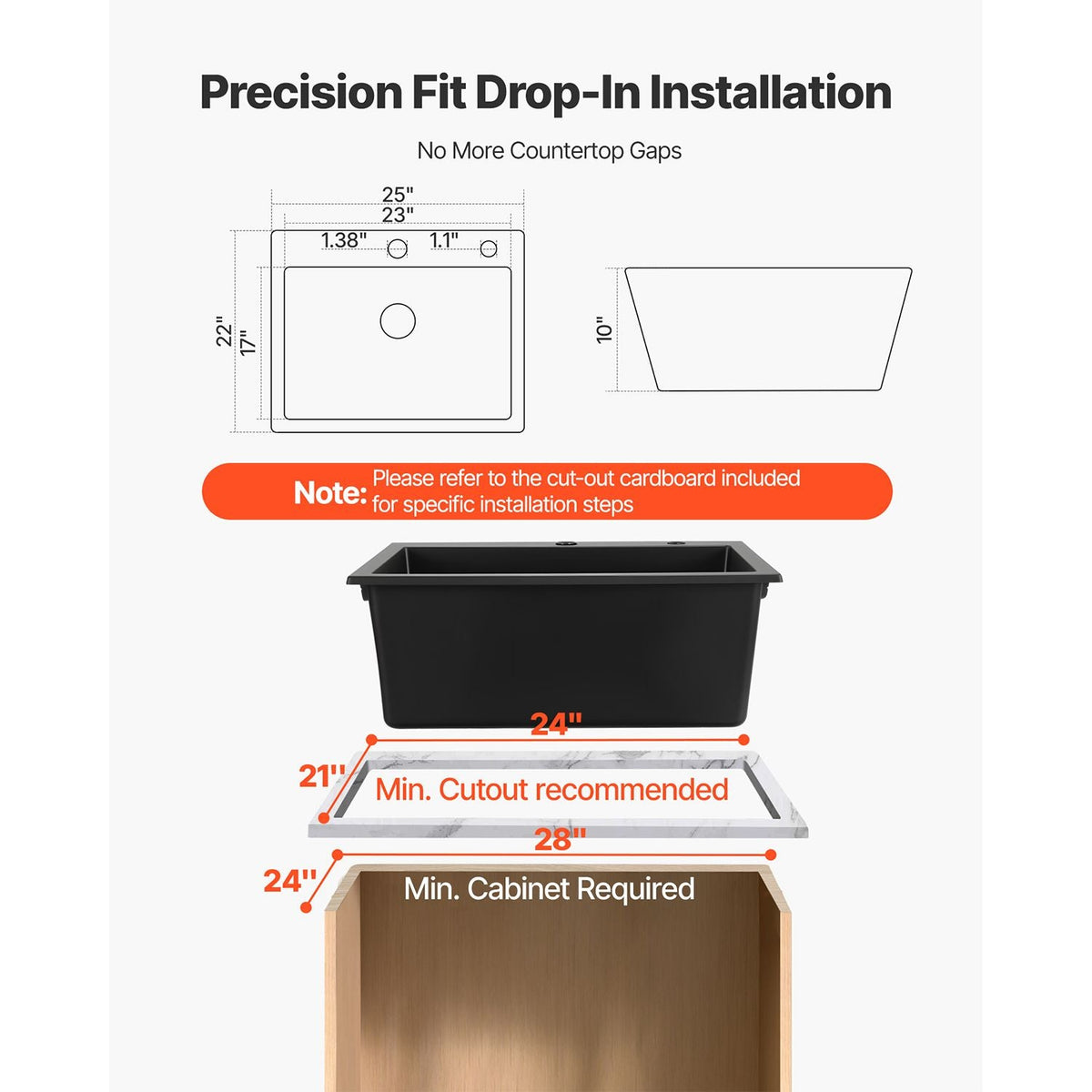 25 inch Kitchen Sink Workstation, Top Mount Granite Sinks, Drop-In Single Bowl Farmhouse Basin with Multiple Accessories, Household Dishwasher Sinks for RV, Prep Kitchen, and Bar (Black)