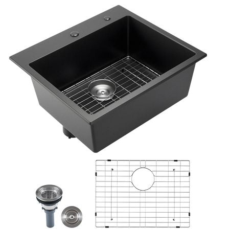 25 inch Kitchen Sink Workstation, Top Mount Granite Sinks, Drop-In Single Bowl Farmhouse Basin with Multiple Accessories, Household Dishwasher Sinks for RV, Prep Kitchen, and Bar (Black)