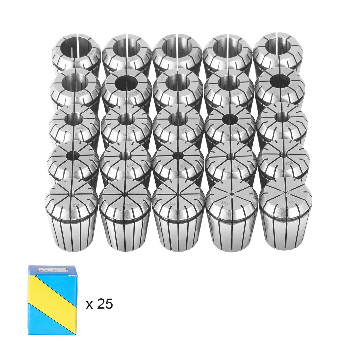 25 pcs ER32 Collet Set, 1/16''-13/16'', ER32 Spring Collet Chuck Set, 0.0006"/15 μm TIR Lathe Chuck Tool with 25 Labeled Storage Boxes, for CNC Engraving Machine Milling Lathe Tool Drill Press