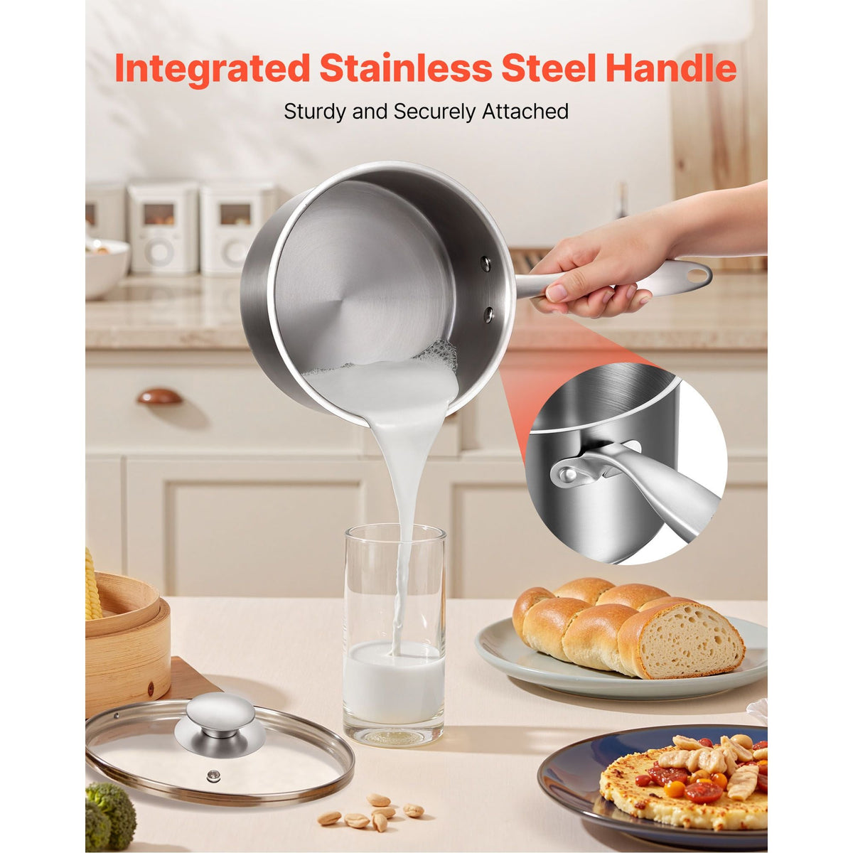 2.5 QT Saucepan with Steamer, Stainless Steel Saucepan with Glass Lid, Multipurpose Nonstick Stainless Steel Sauce Pot with Ergonomic Handle, Friendly for Oven, Dishwasher, Induction Cooker