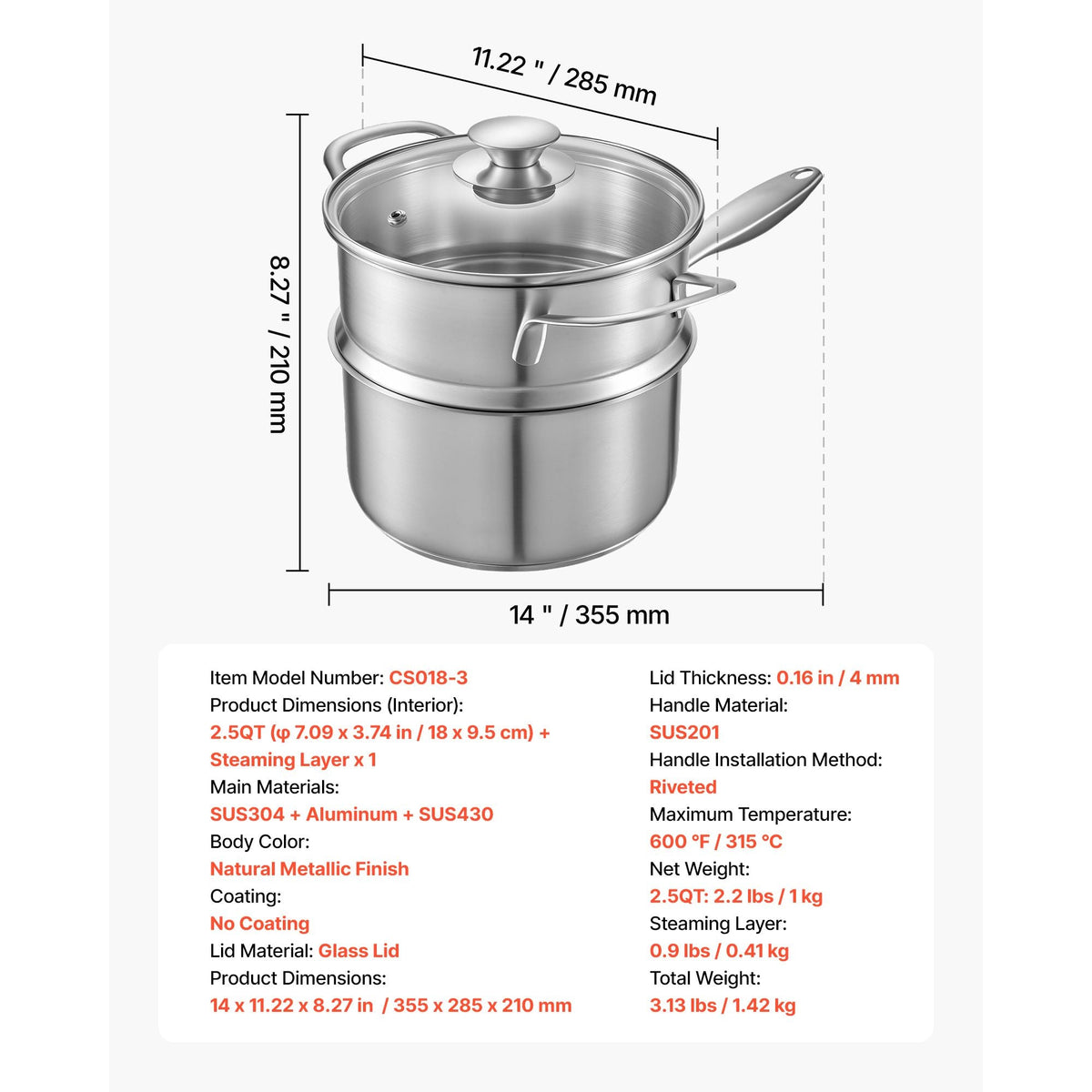 2.5 QT Saucepan with Steamer, Stainless Steel Saucepan with Glass Lid, Multipurpose Nonstick Stainless Steel Sauce Pot with Ergonomic Handle, Friendly for Oven, Dishwasher, Induction Cooker