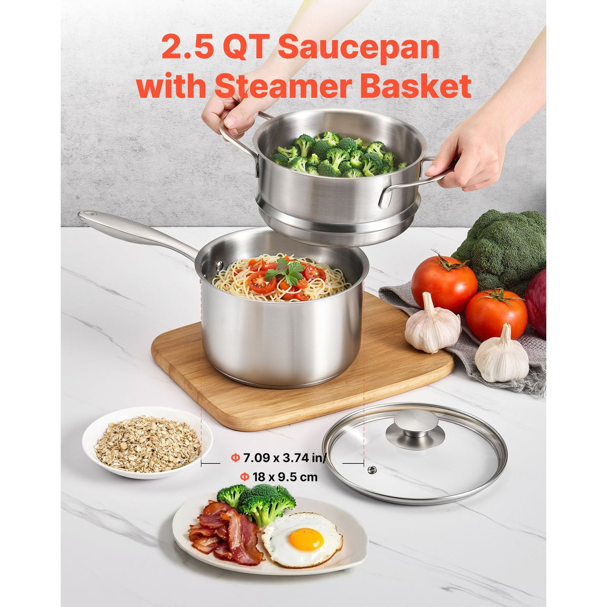 2.5 QT Saucepan with Steamer, Stainless Steel Saucepan with Glass Lid, Multipurpose Nonstick Stainless Steel Sauce Pot with Ergonomic Handle, Friendly for Oven, Dishwasher, Induction Cooker