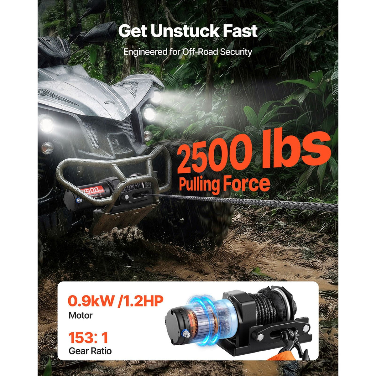2500 lbs Electric Winch, 12V DC ATV/UTV Winch with Φ0.19 in x 39.4 ft Synthetic Rope & Wired Remote Control, IP55 Waterproof, Aluminum Housing Fairlead Mount Plate for Towing ATV, Black