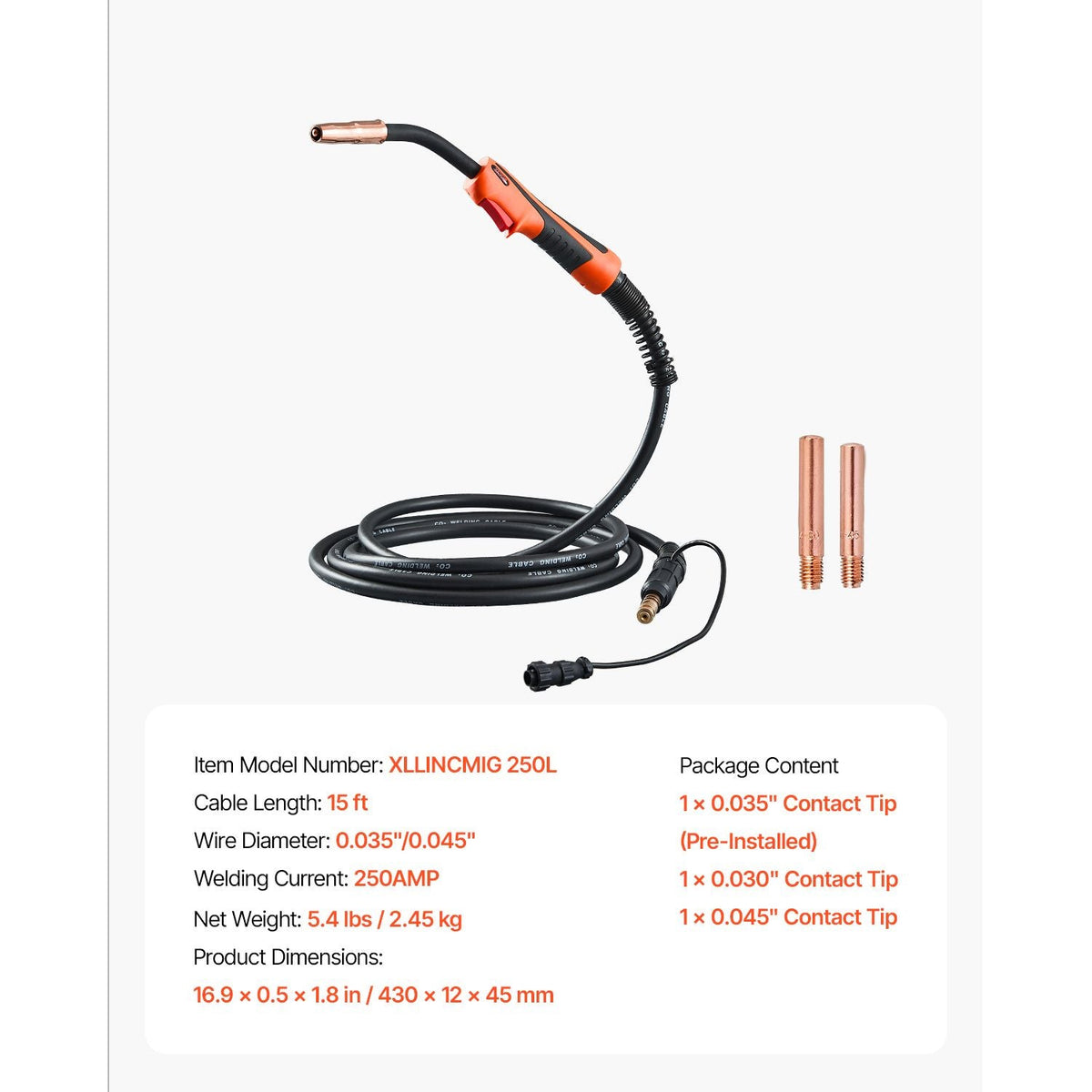 250Amp Mig Welding Gun with 15FT Cable, Compatible with LincoIn Power MlG 200, 215, 216, 255 and Wire-Matic 255 Welders, Suitable for 0.035" and 0.045" Welding Wires