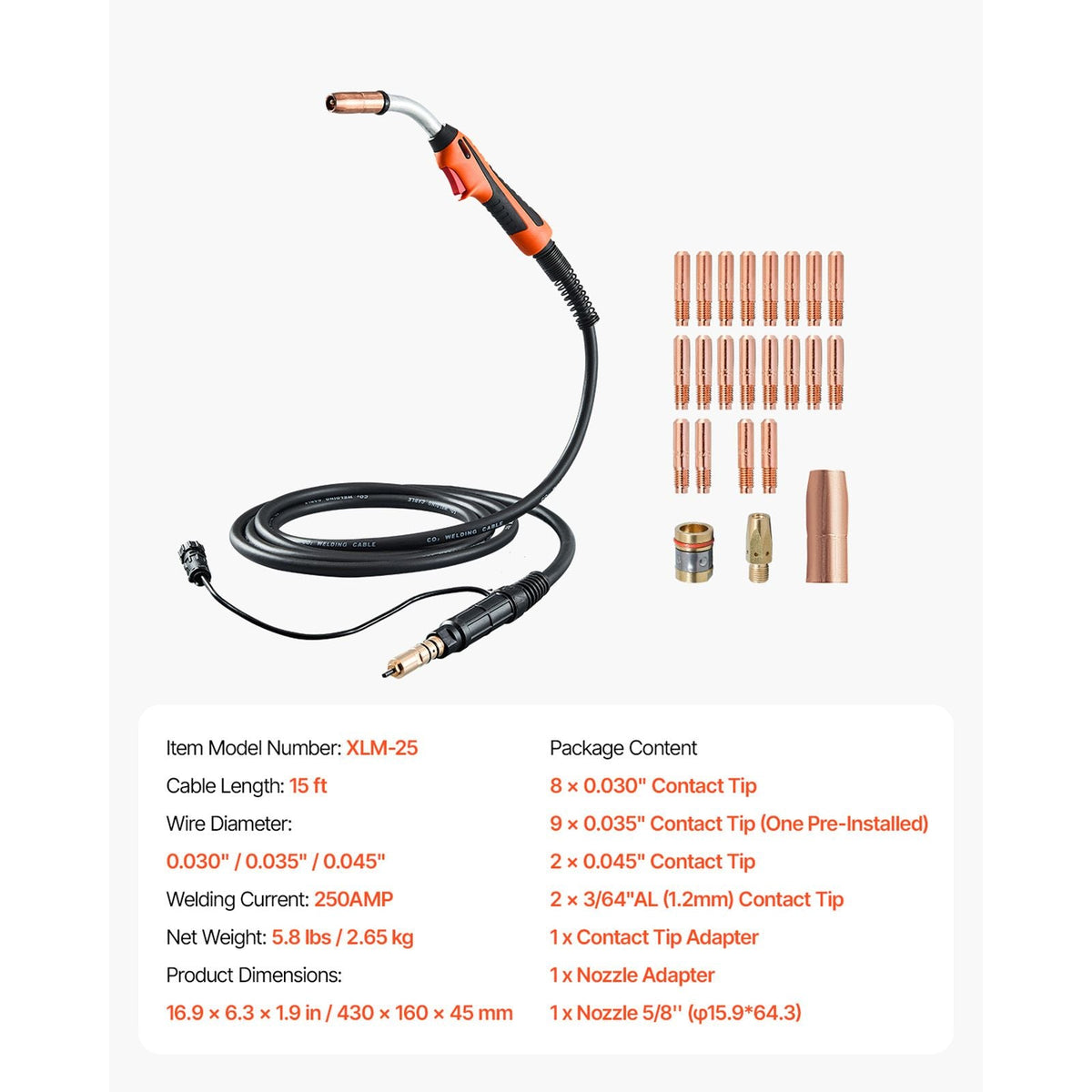 250Amp Mig Welding Gun with 15FT Cable, Compatible with Millermatic 200, 210, 212, 250, 250X, 251, 252 Welders, Suitable for 0.030", 0.035" and 0.045" Welding Wires