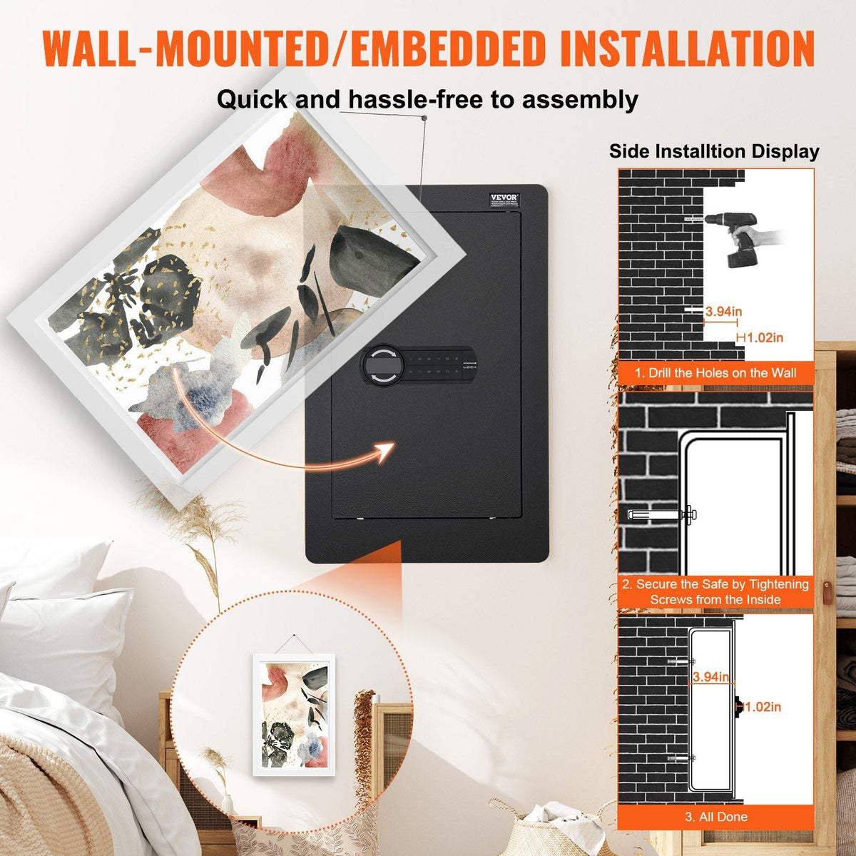 25.59" Tall Wall Safe, 3-Tier Hidden Wall Safe with Keypad, 3 Removable Shelves & 6 Key Holders, Q235 Cold-Rolled Steel In Wall Safe with LED Light & Vibration Alarm for Money, Jewelry, Passport