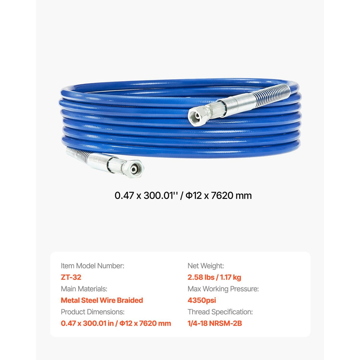 25ft Airless Paint Sprayer Hose, 1/4 in Universal Airless Paint Spray Hose, 4350 PSI High Pressure Flexible Airless Sprayer Hose, Multi-Layer Reinforced Steel Wire Braid Hose for Paint Sprayer