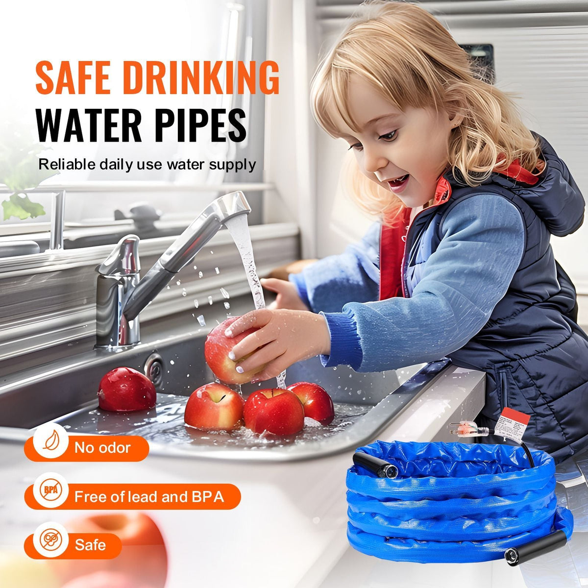 25ft Heated Water Hose for RV, Heated Drinking Water Hose with Corrugated Cover Antifreeze to -45 Fahrenheit , Automatic Self-regulating, 5/8" I.D. with 3/4" GHT Adapter, Lead and BPA Free