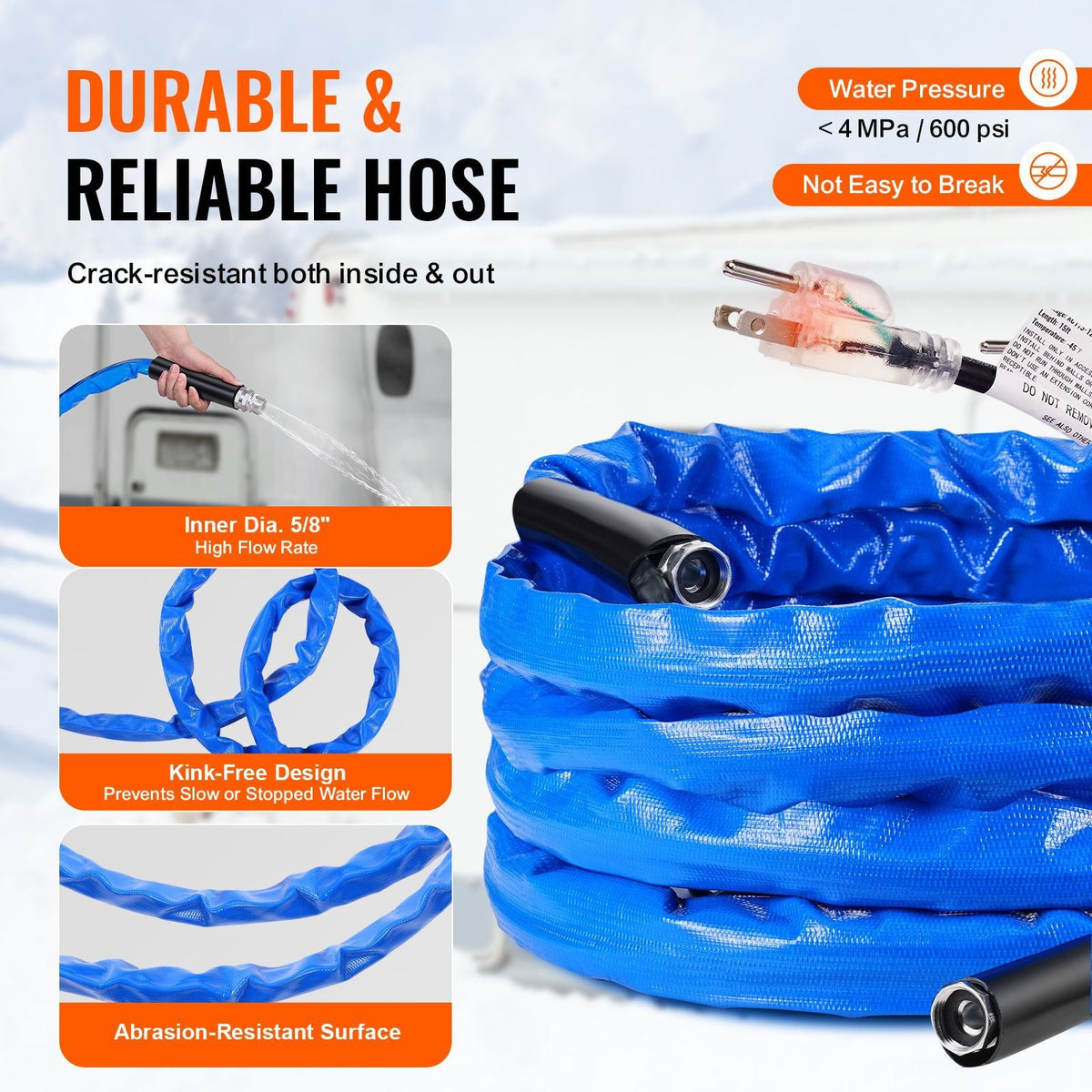 25ft Heated Water Hose for RV, Heated Drinking Water Hose with Corrugated Cover Antifreeze to -45 Fahrenheit , Automatic Self-regulating, 5/8" I.D. with 3/4" GHT Adapter, Lead and BPA Free