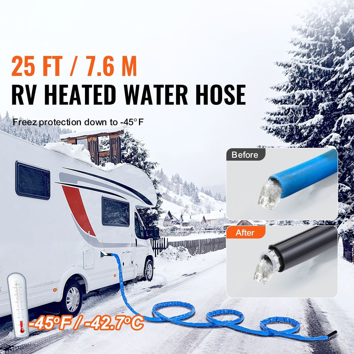 25ft Heated Water Hose for RV, Heated Drinking Water Hose with Corrugated Cover Antifreeze to -45 Fahrenheit , Automatic Self-regulating, 5/8" I.D. with 3/4" GHT Adapter, Lead and BPA Free