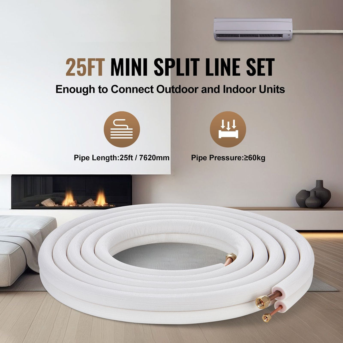 25FT Mini Split Line Set, 1/4" & 1/2" O.D Copper Pipes Tubing and Triple-Layer Insulation, for Air Conditioning or Heating Pump Equipment & HVAC with Rich Accessories (27ft Connection Cable)