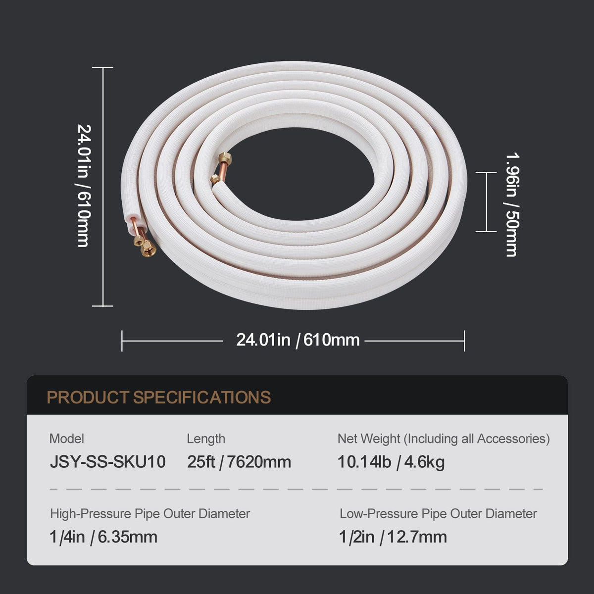 25FT Mini Split Line Set, 1/4" & 1/2" O.D Copper Pipes Tubing and Triple-Layer Insulation, for Air Conditioning or Heating Pump Equipment & HVAC with Rich Accessories (27ft Connection Cable)