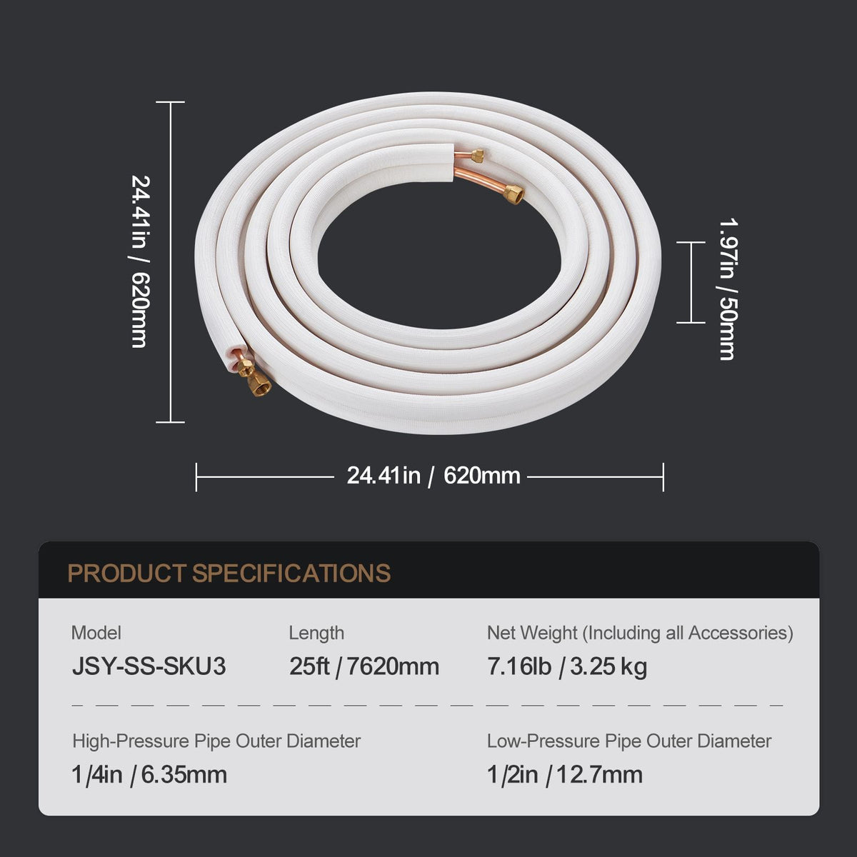 25FT Mini Split Line Set, 1/4" & 1/2" O.D Copper Pipes Tubing and Triple-Layer Insulation, for Mini Split Air Conditioning Refrigerant or Heating Pump Equipment & HVAC with Wrapping Strips.